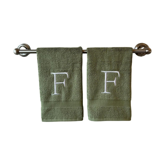 Sage with White Monogrammed Hand Towels for Bathroom - Set of 2 Letter F | Luxury Hotel Quality Initial Towels For