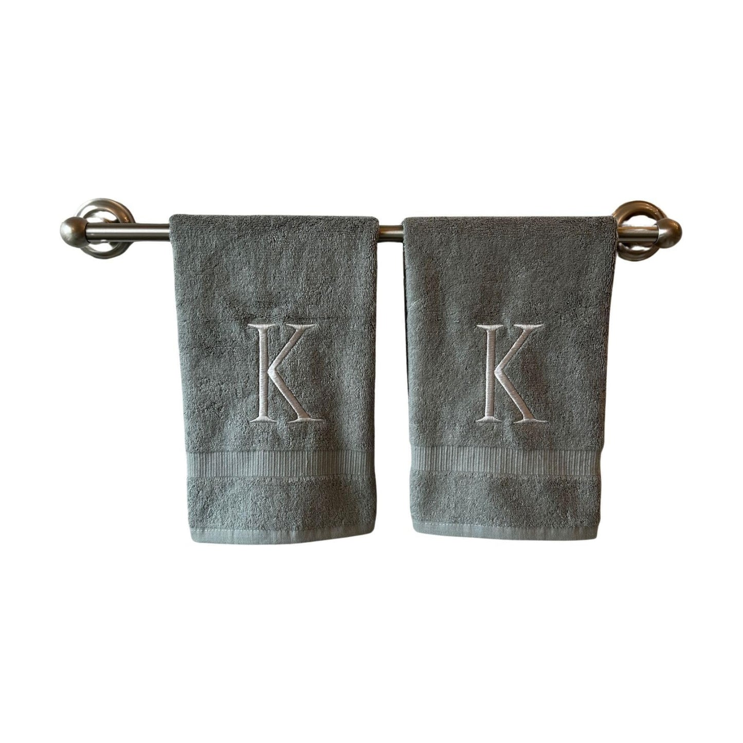 Gray with Silver Monogrammed Hand Towels for Bathroom - Set of 2 Letter K | Luxury Hotel Quality Initial Towels For