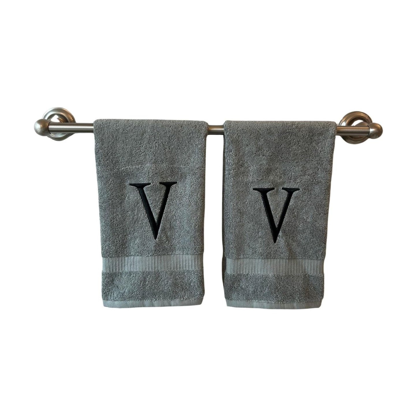 Gray with Black Monogrammed Hand Towels for Bathroom - Set of 2 Letter V | Luxury Hotel Quality Initial Towels For
