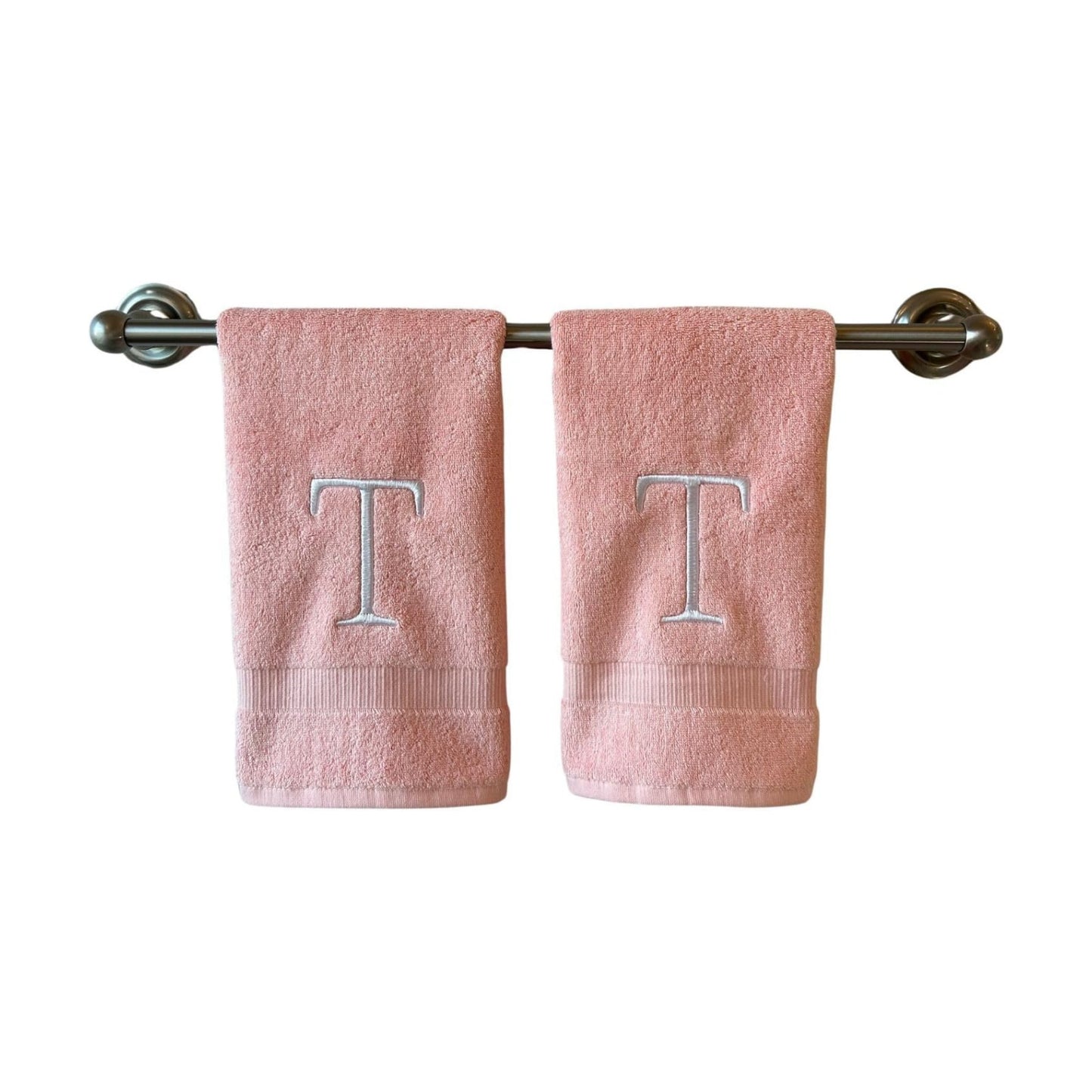 Pink with White Monogrammed Hand Towels for Bathroom - Set of 2 Letter T | Luxury Hotel Quality Initial Towels For