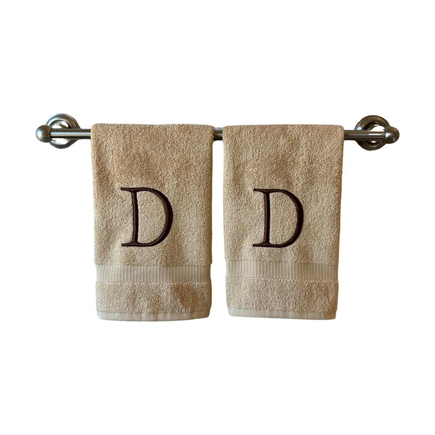 Beige with Brown Monogrammed Hand Towels for Bathroom - Set of 2 Letter D | Luxury Hotel Quality Initial Towels For
