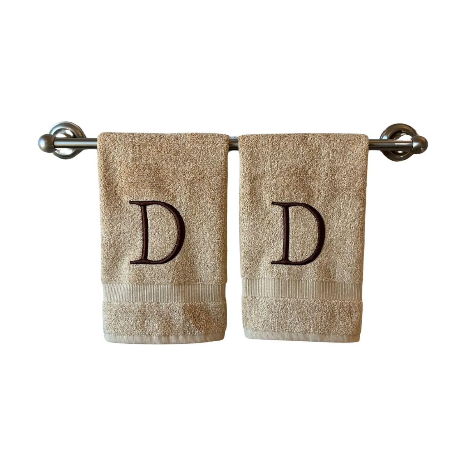 Beige with Brown Monogrammed Hand Towels for Bathroom - Set of 2 Letter D | Luxury Hotel Quality Initial Towels For