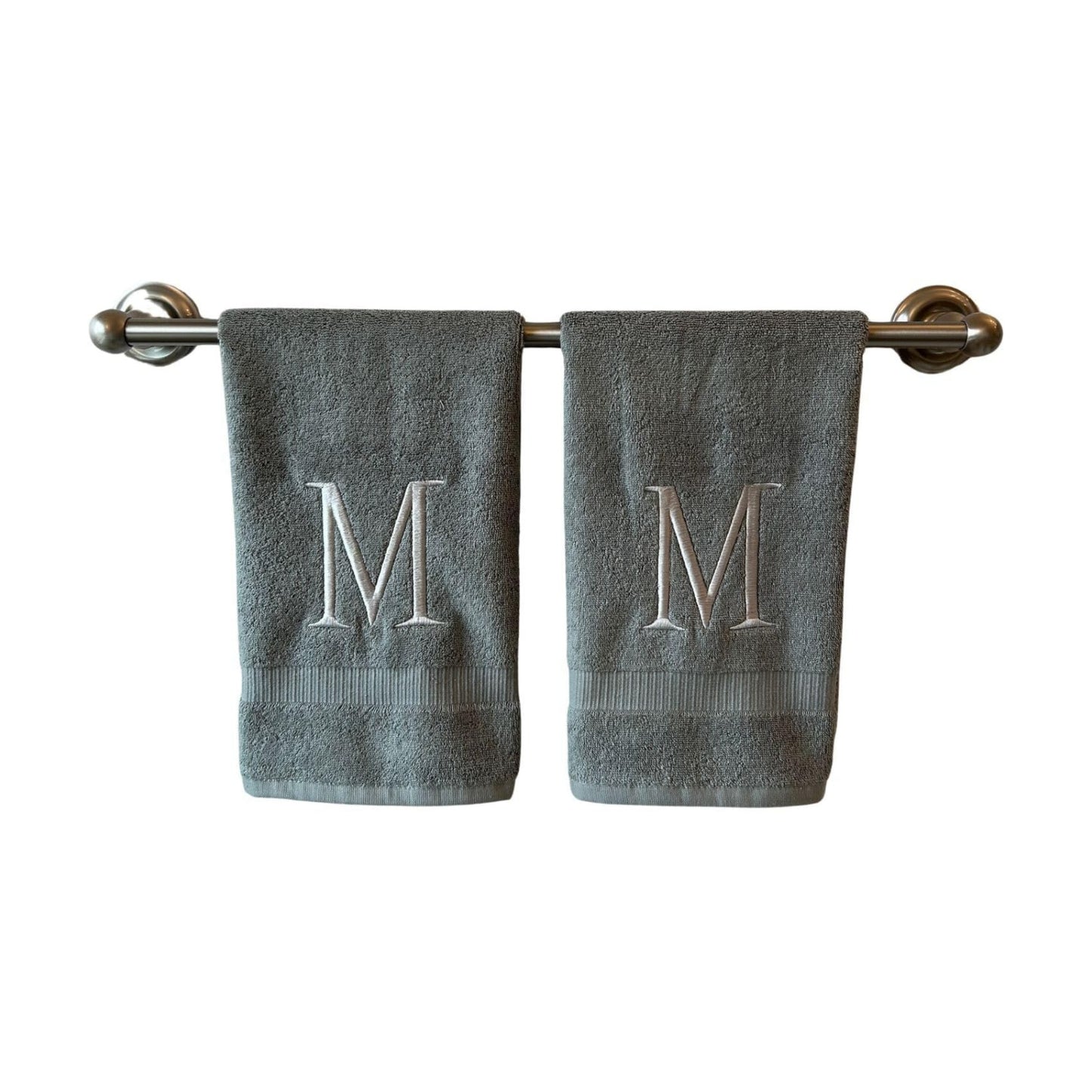 Gray with Silver Monogrammed Hand Towels for Bathroom - Set of 2 Letter M | Luxury Hotel Quality Initial Towels For