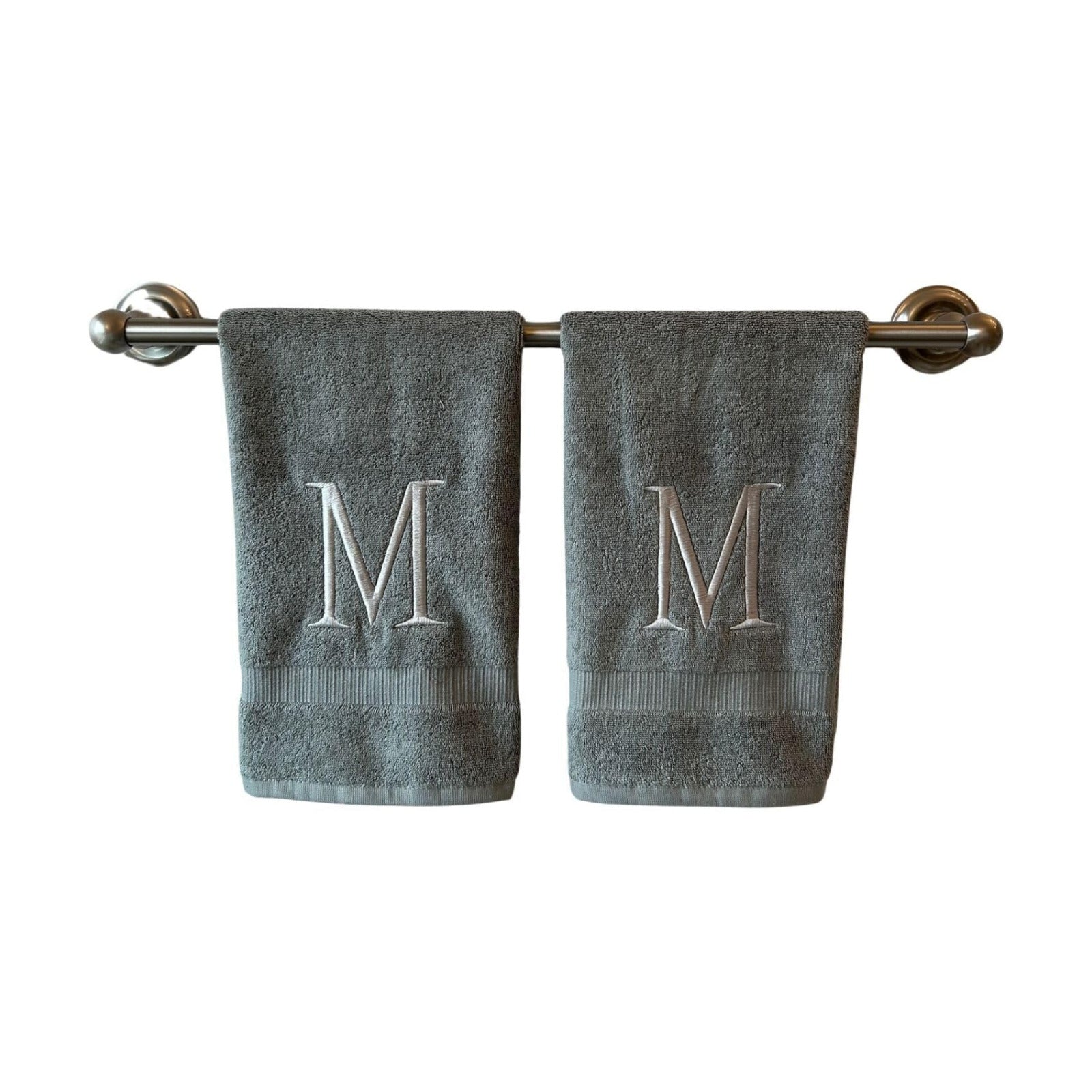 Gray with Silver Monogrammed Hand Towels for Bathroom - Set of 2 Letter M | Luxury Hotel Quality Initial Towels For
