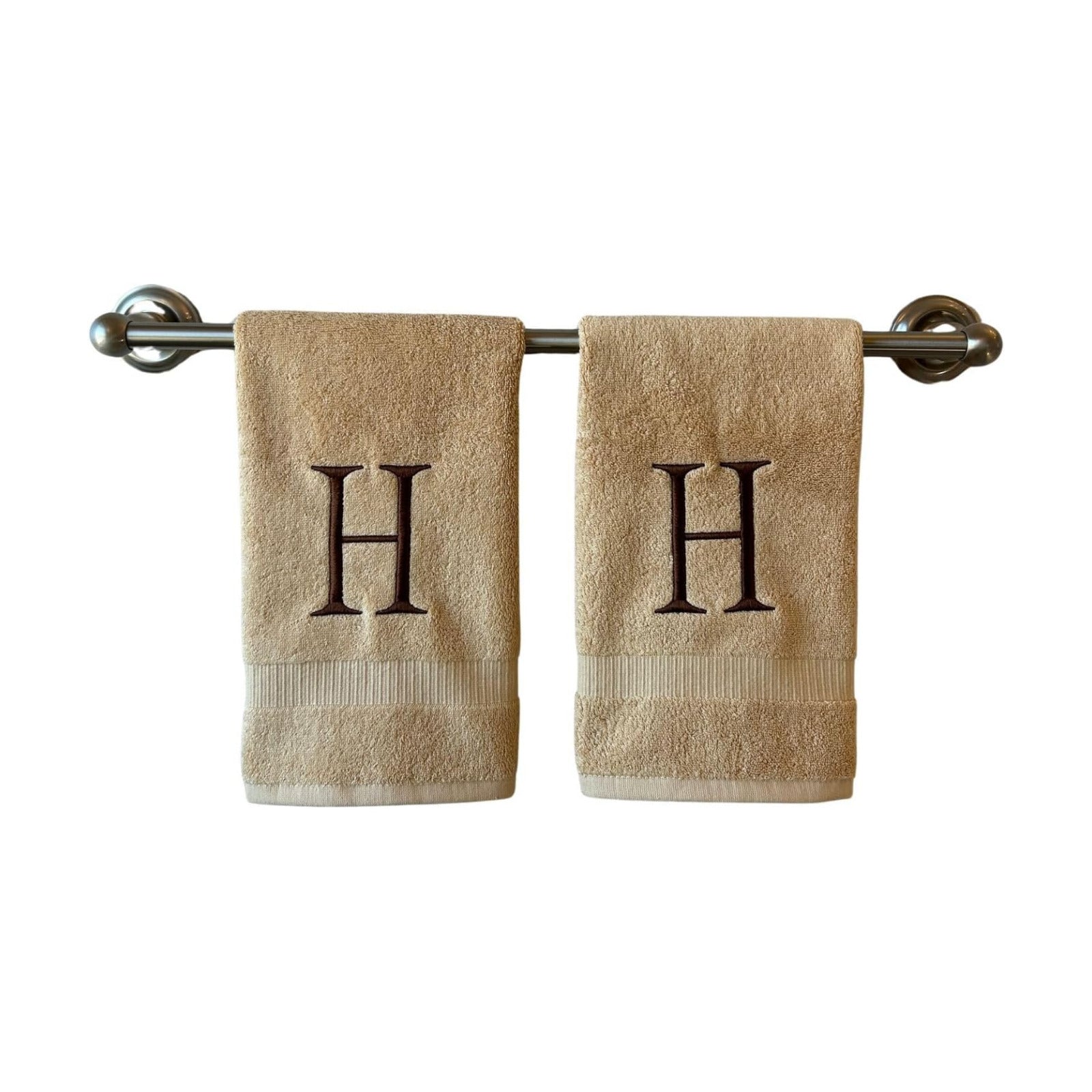 Beige with Brown Monogrammed Hand Towels for Bathroom - Set of 2 Letter H | Luxury Hotel Quality Initial Towels For