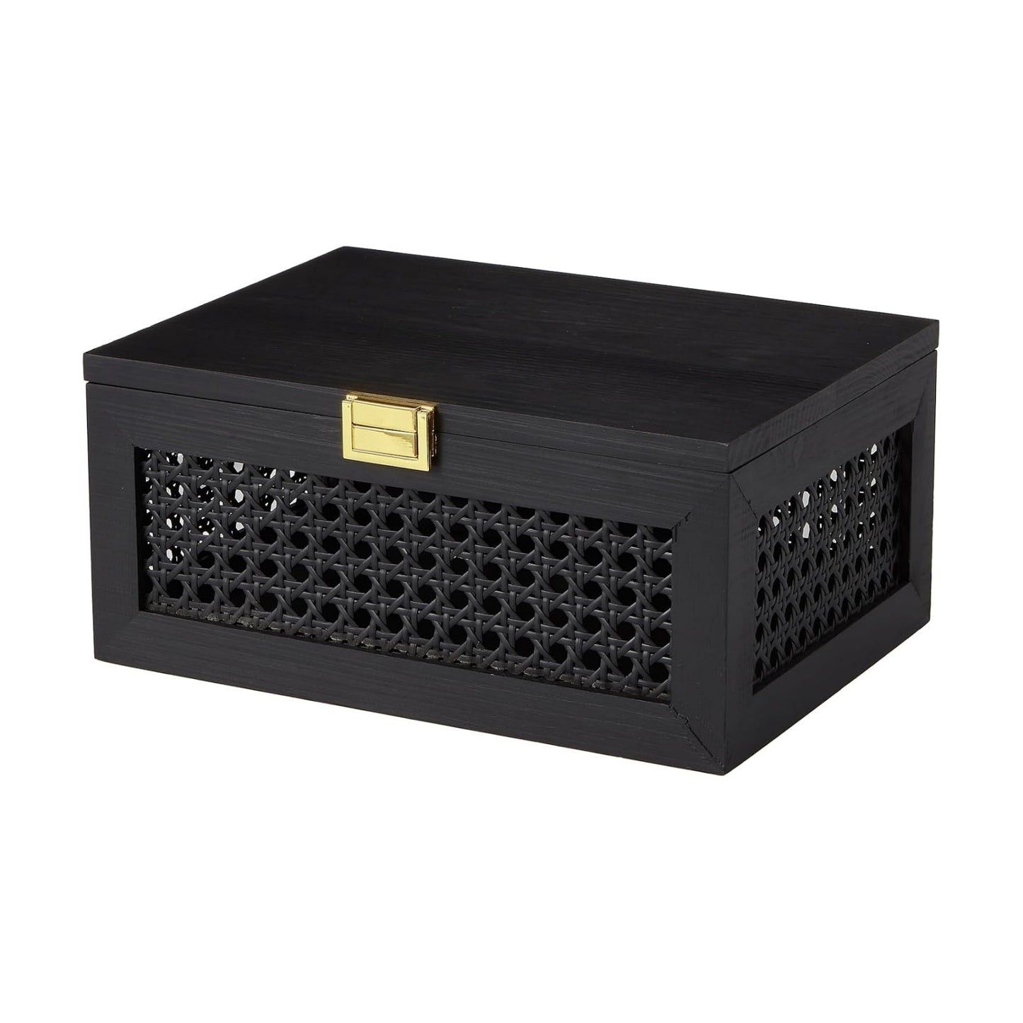 Decorative Rattan Storage Boxes Solid Wood Woven Baskets Bins / Black