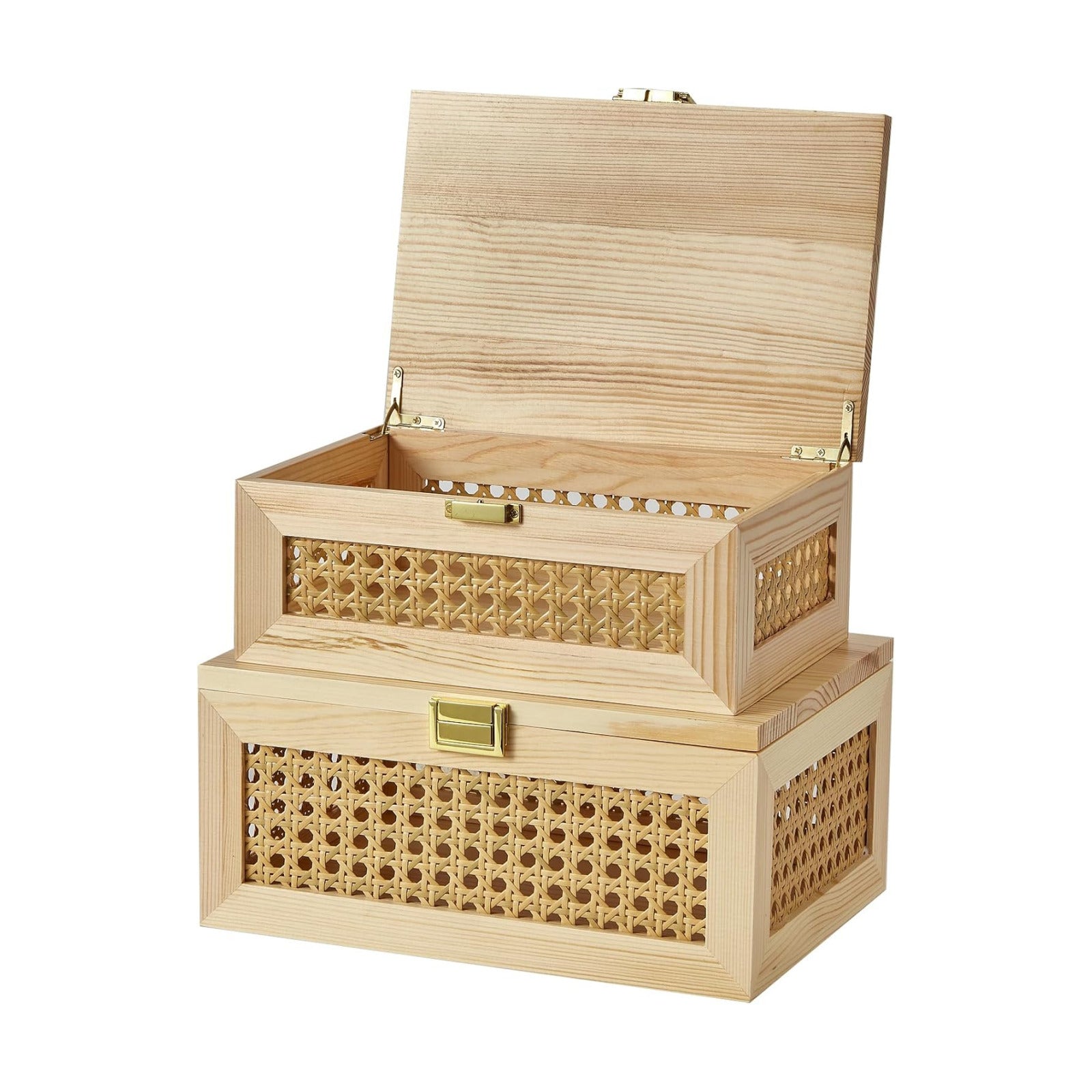 Decorative Rattan Storage Boxes Solid Wood Baskets Bins / Light Wood / Natural / Set of 2