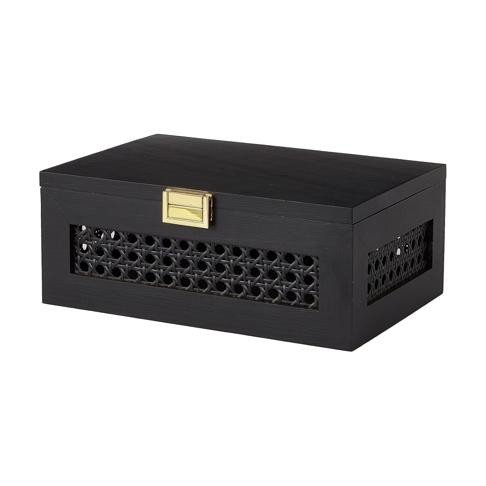 Decorative Rattan Storage Boxes Solid Wood Woven Baskets Bins / Black
