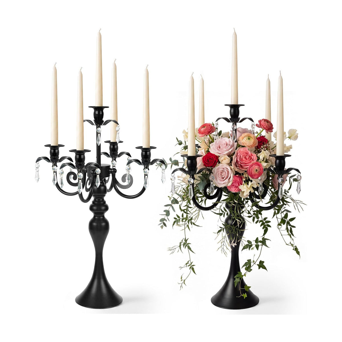 20''Tall Black Crystal Pendant Taper Candle Holders/Stylish Candle Stands/Candlesticks Holder/Candelabra for Home