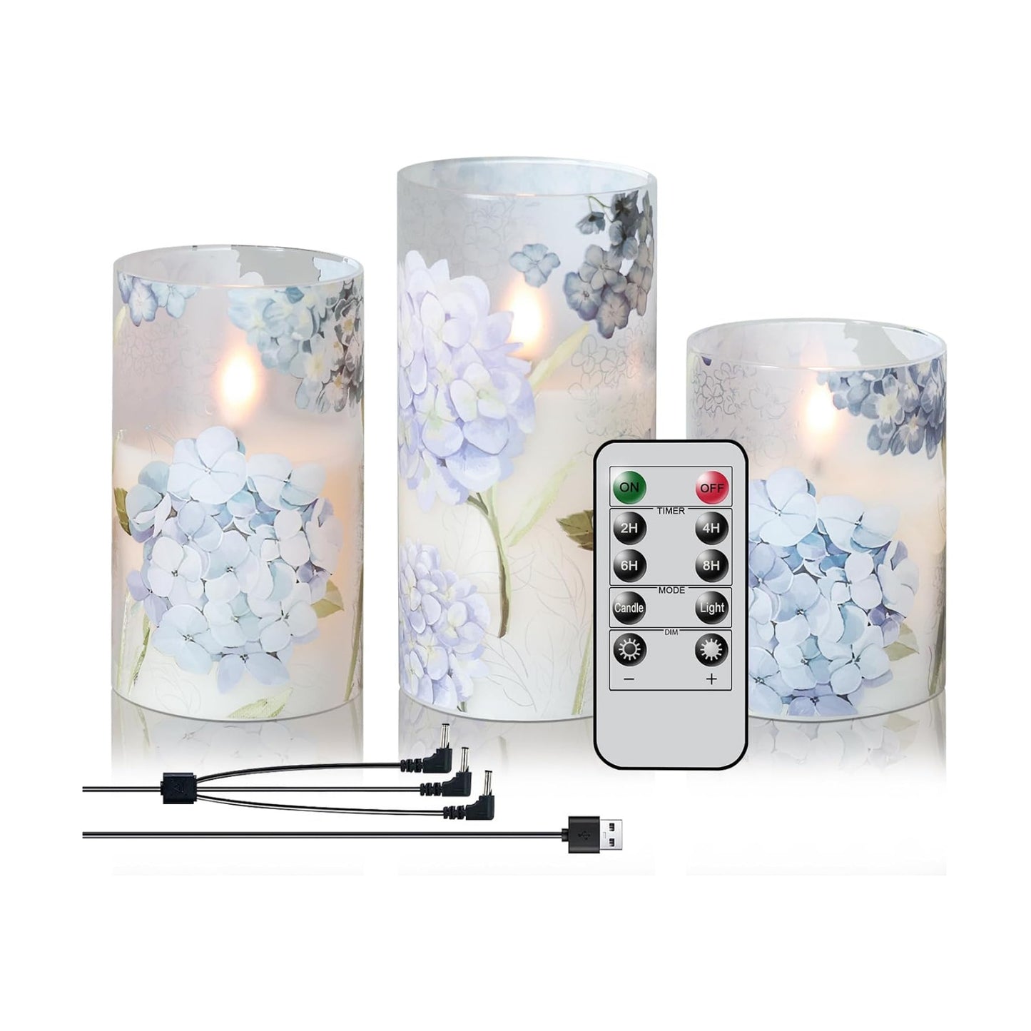 Rechargeable Hydrangea Glass Flameless Candles with Remote Timer | Battery Operated LED Pillar Candle, Real Wax 3D Wick