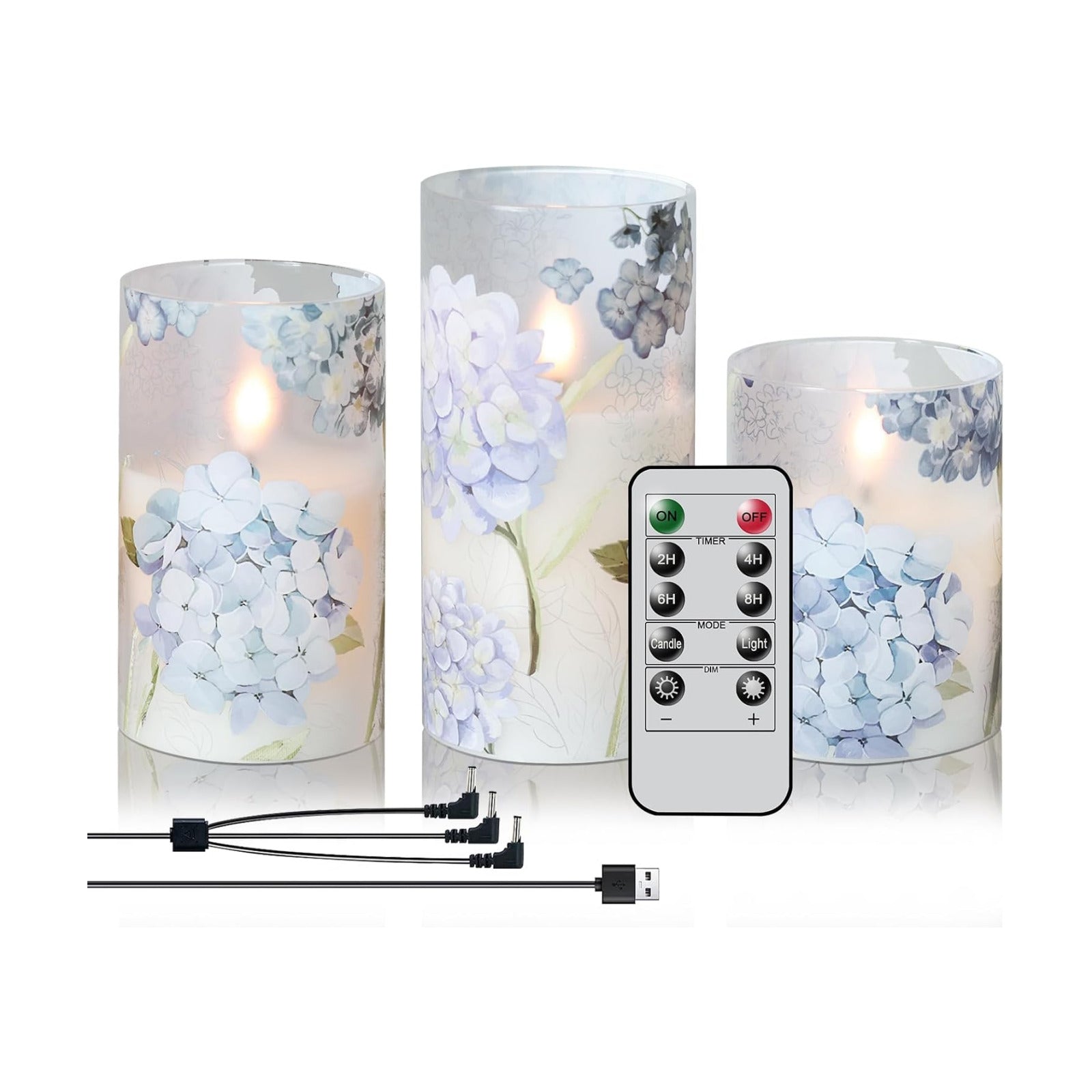 Rechargeable Hydrangea Glass Flameless Candles with Remote Timer | Battery Operated LED Pillar Candle, Real Wax 3D Wick