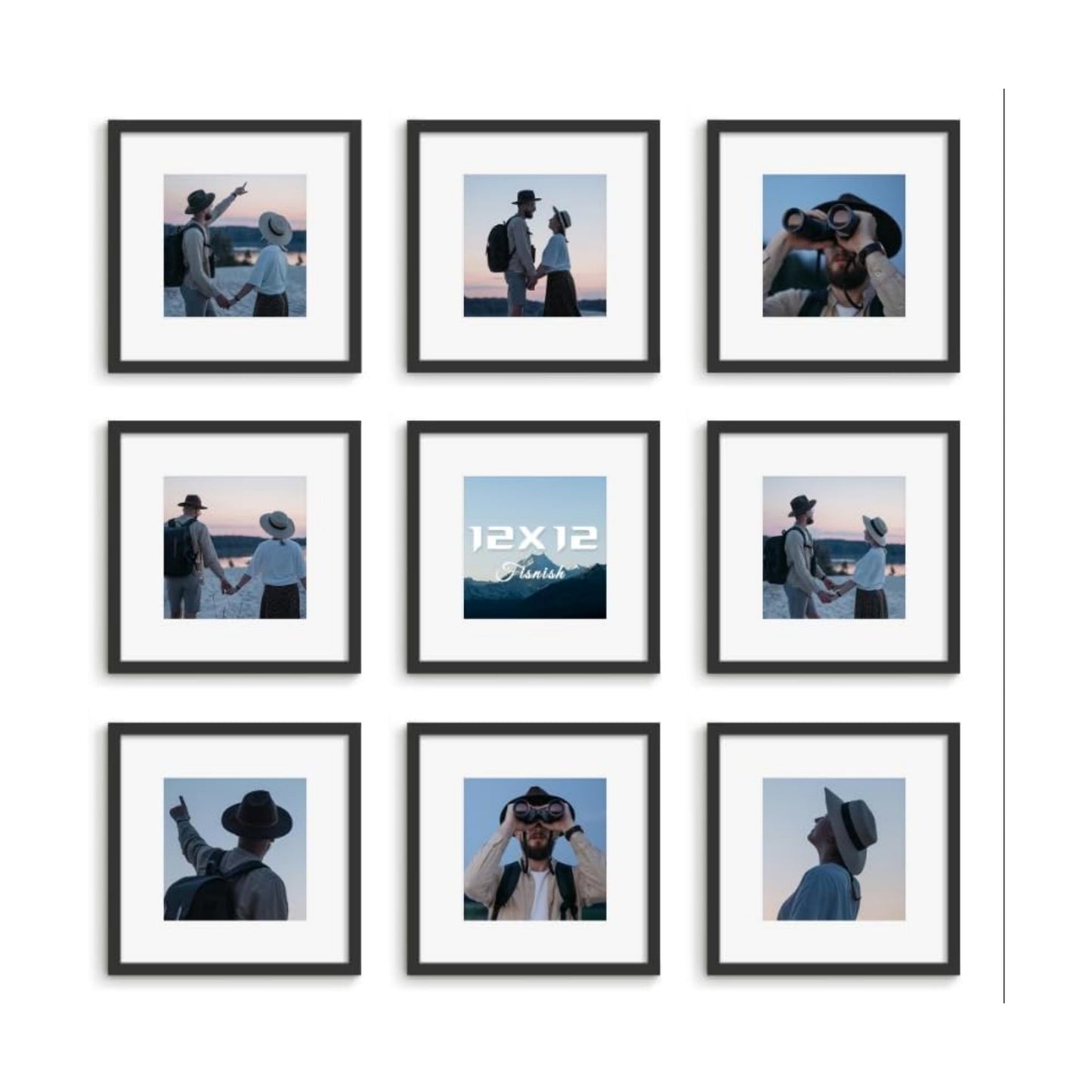 12x12 Picture Frame Sef of 10, for Wall Gallery Decor, Black | Display Pictures 8x8 with Mat or 12 x 12 Without Mat