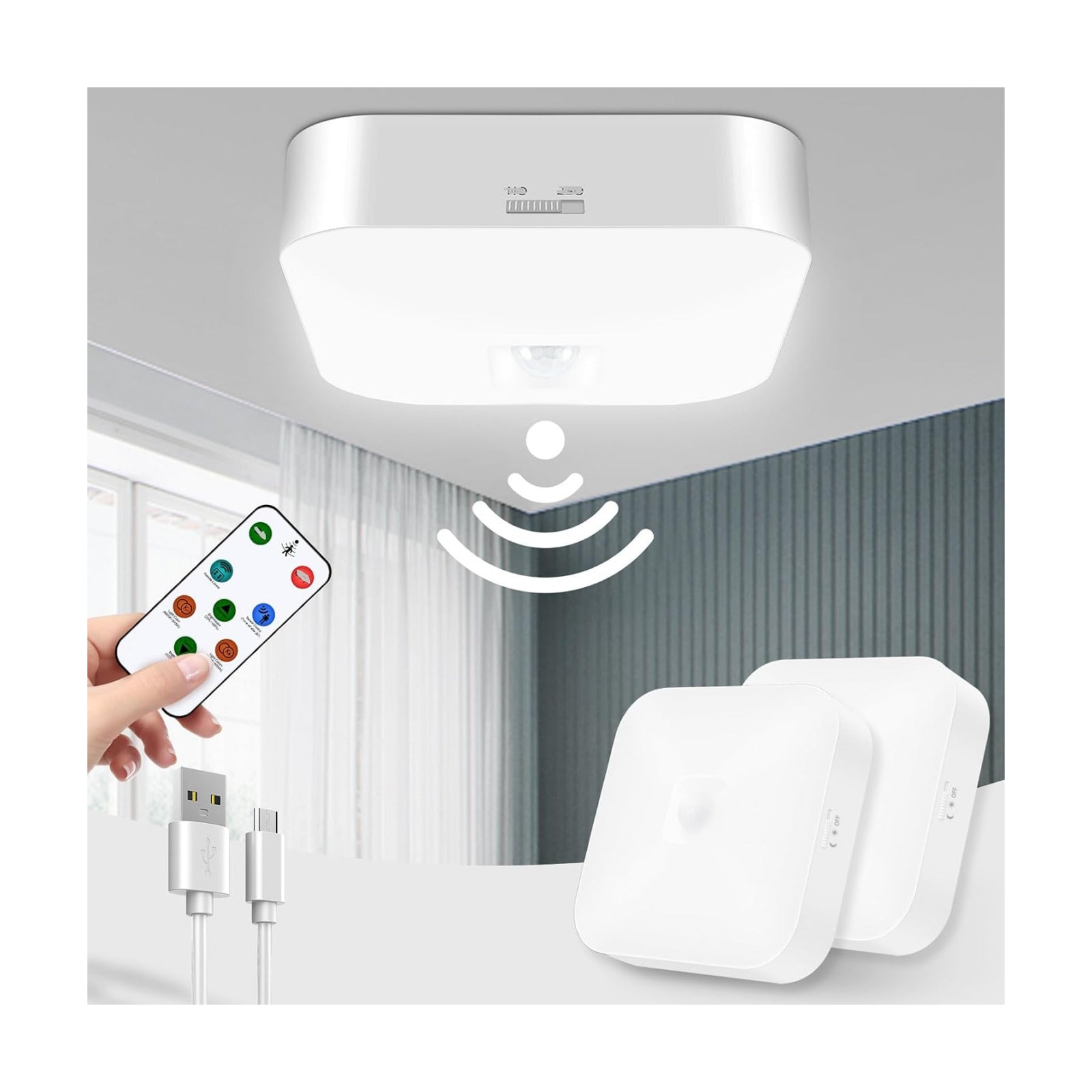 Rechargeable Motion Sensor Ceiling Light with Remote, 3000K-6000K 2 Pack | Wireless, Battery Operated, Motion