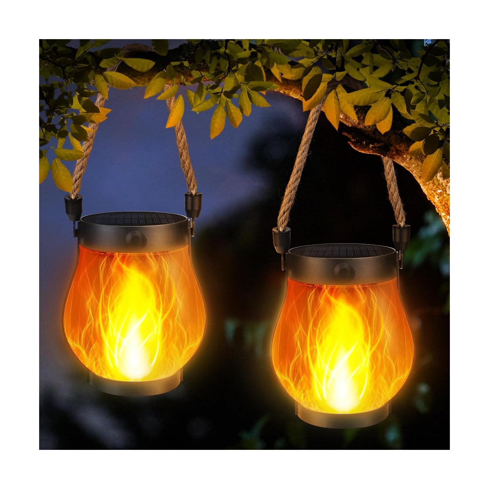iBaycon 2 Pack Gen2 Solar Lantern Lights USB Ultra-Real Flame, Warm White | Solar Garden Lights with Solar & USB-C Dual