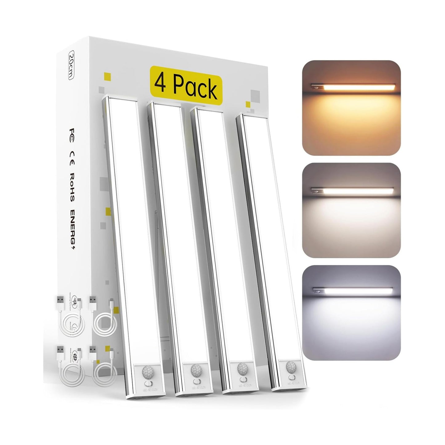 DAYBETTER 8inch Under Cabinet Lighting,4 Pack Motion Sensor Light Indoor | Rechargeable,3 Color Temps,5 Levels Dimmable