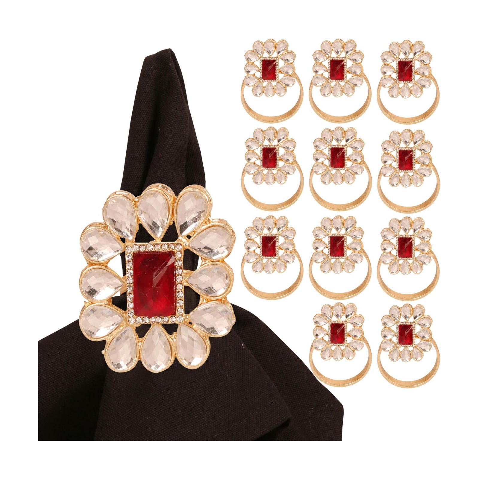 Floral Rhinestone Table Napkin Rings, Gold Tone, Set of 12 | Handmade large-size floral napkin holders with rhinestone