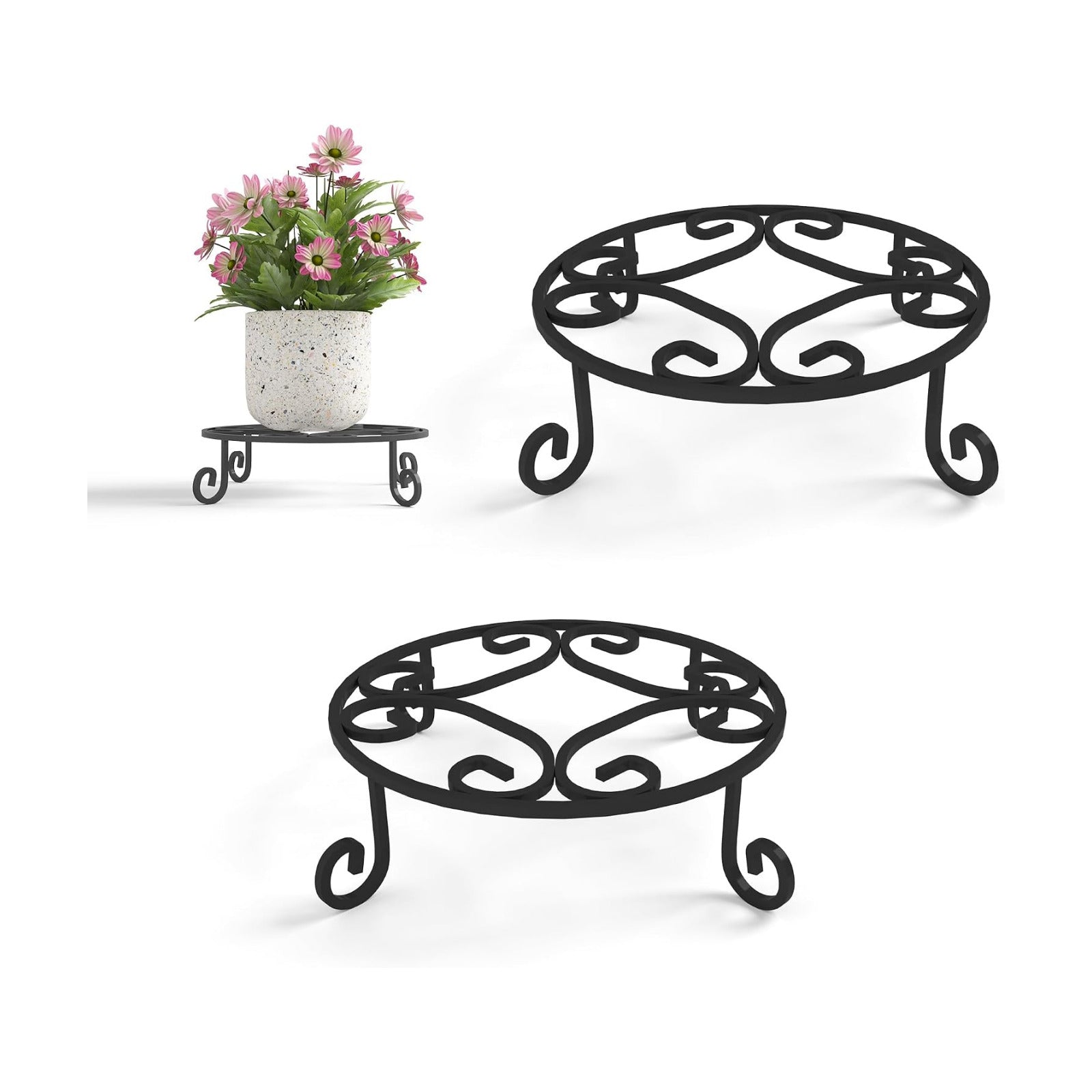 PROWORX 2 Pack 10” Diameter Metal Outdoor Plant Stand Indoor, Black Heavy Duty Potted Holder, Round Anti-Rust Wrought