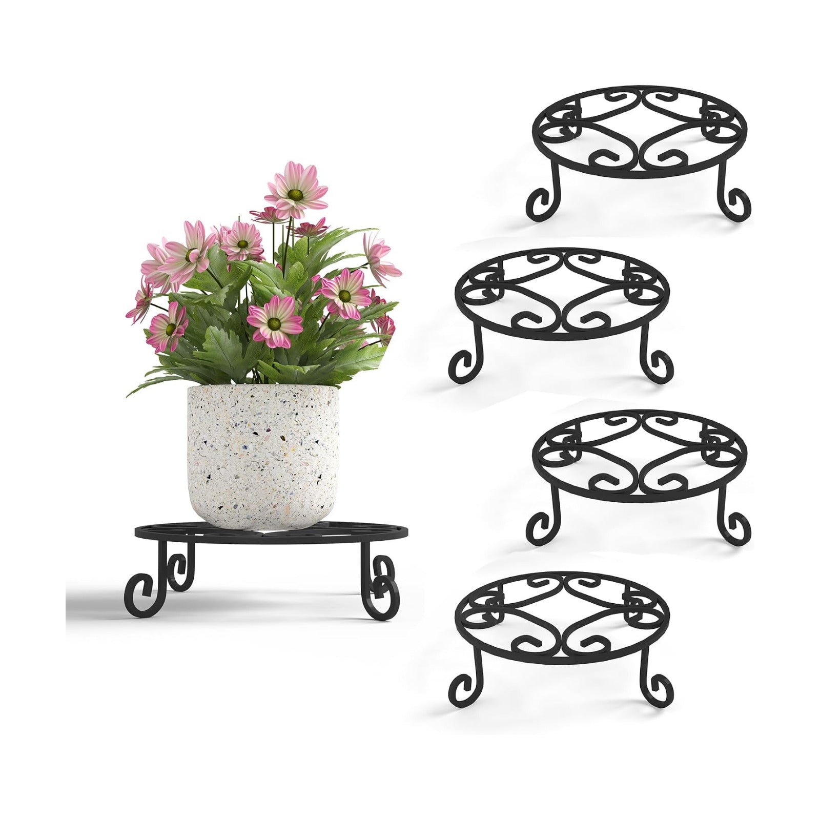 PROWORX 4 Pack 10” Diameter Metal Outdoor Plant Stand Indoor, Black Heavy Duty Potted Holder, Round Anti-Rust Wrought