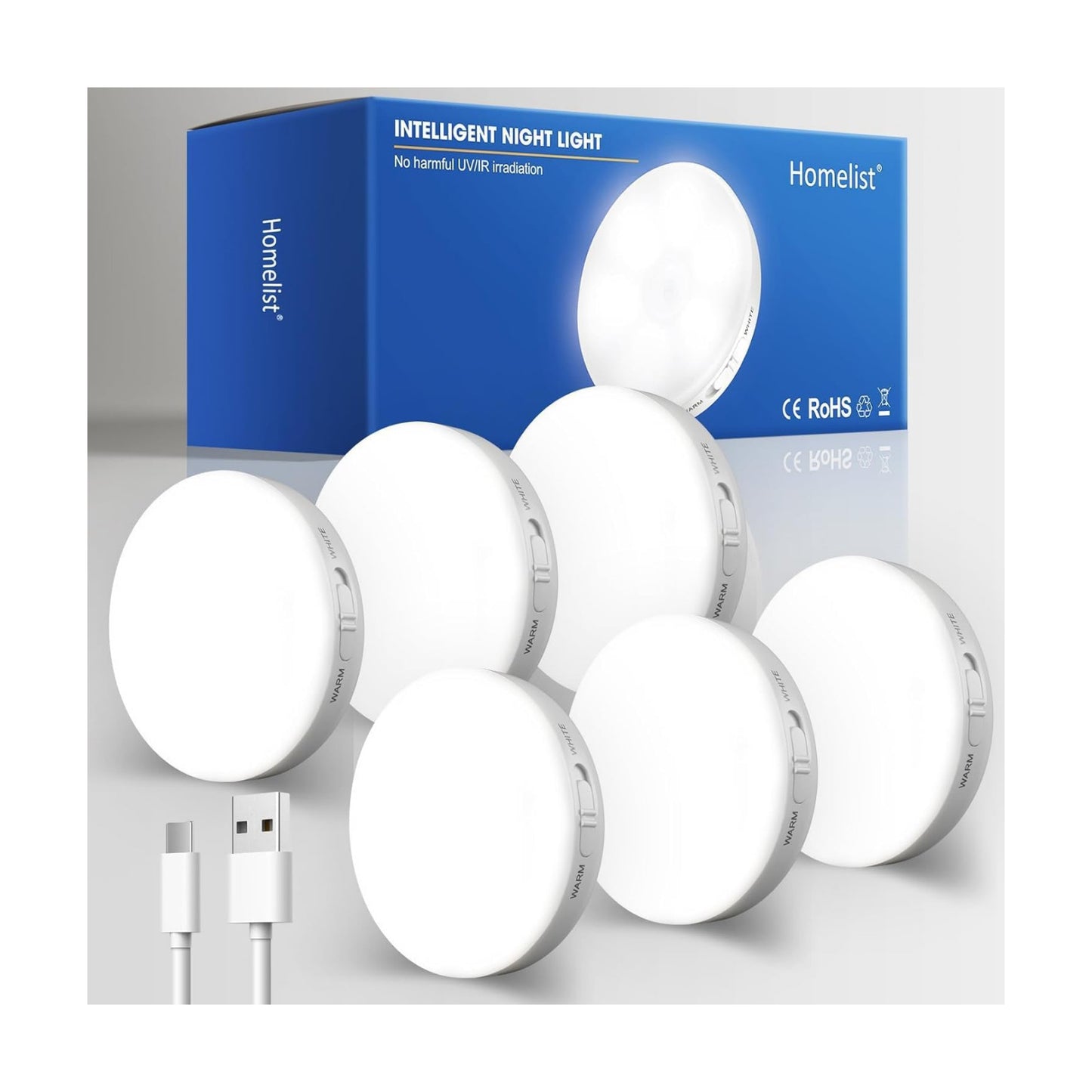 Homelist 6 Pack Motion Sensor Light Indoor, Rechargeable Puck Lights, Wireless Battery Operated Night Light for Closet