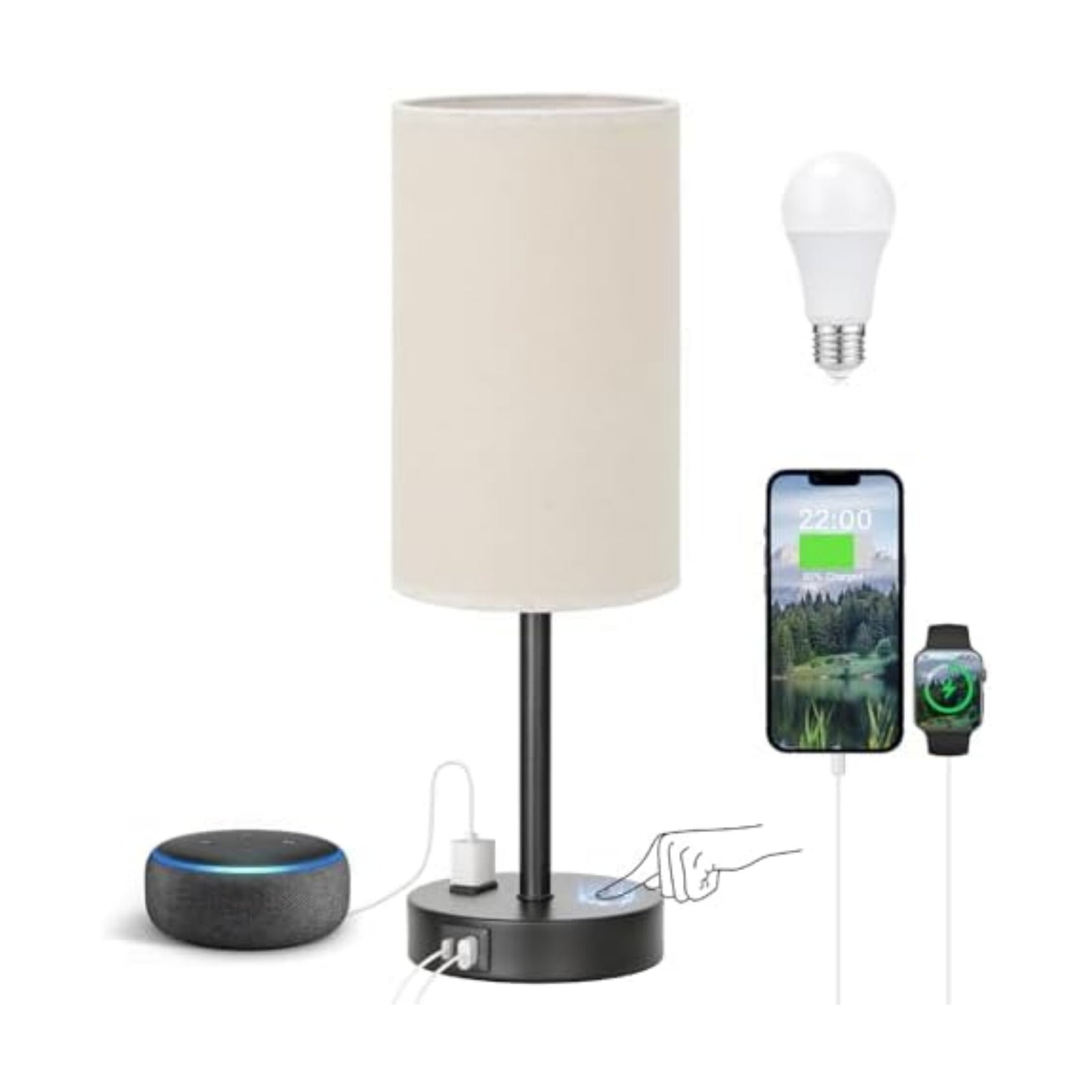 Fenmzee 17.4" Beige Lamp for Bedroom - Dimmable Touch, USB A+C, AC Outlet