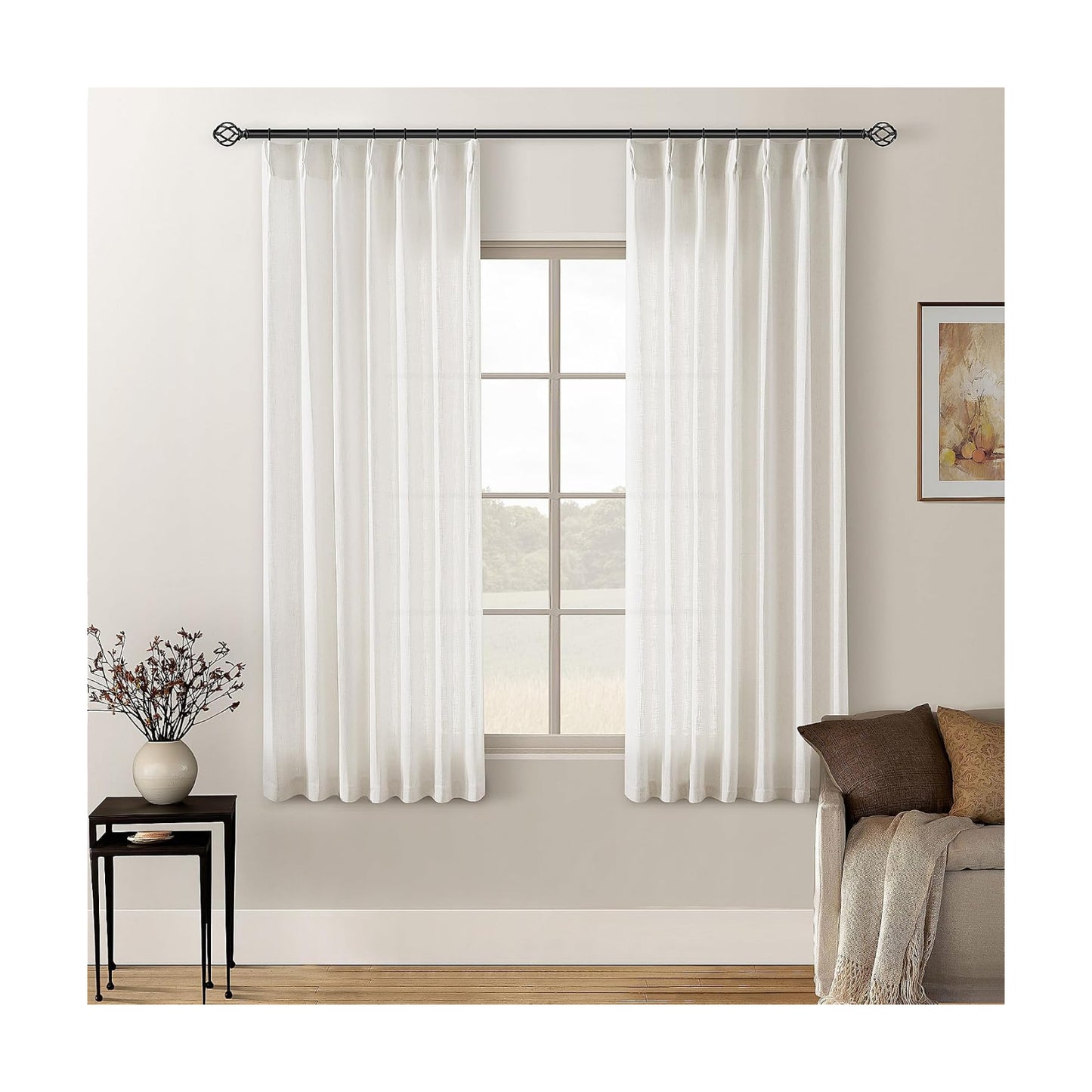TWODRAPES Natural Pinch Pleated Linen Curtains 63 Inch Length 2 Panels Set