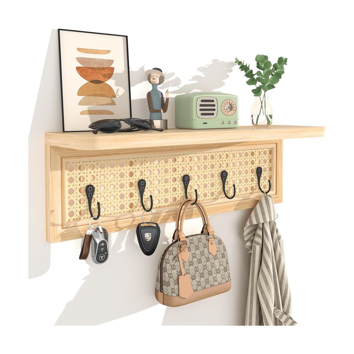 Wood Floating Shelves / Metal Hook / Natural