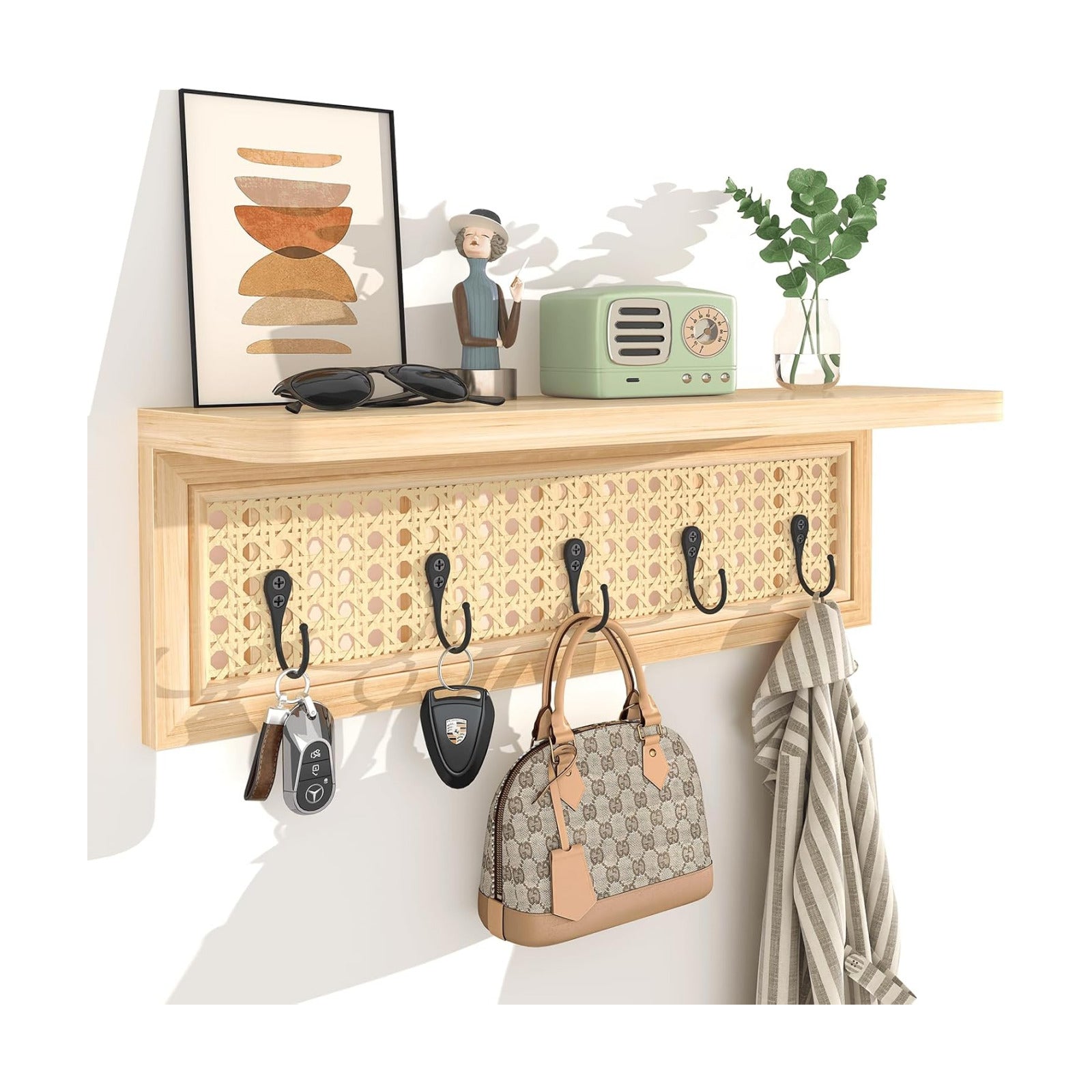 Wood Floating Shelves / Metal Hook / Natural