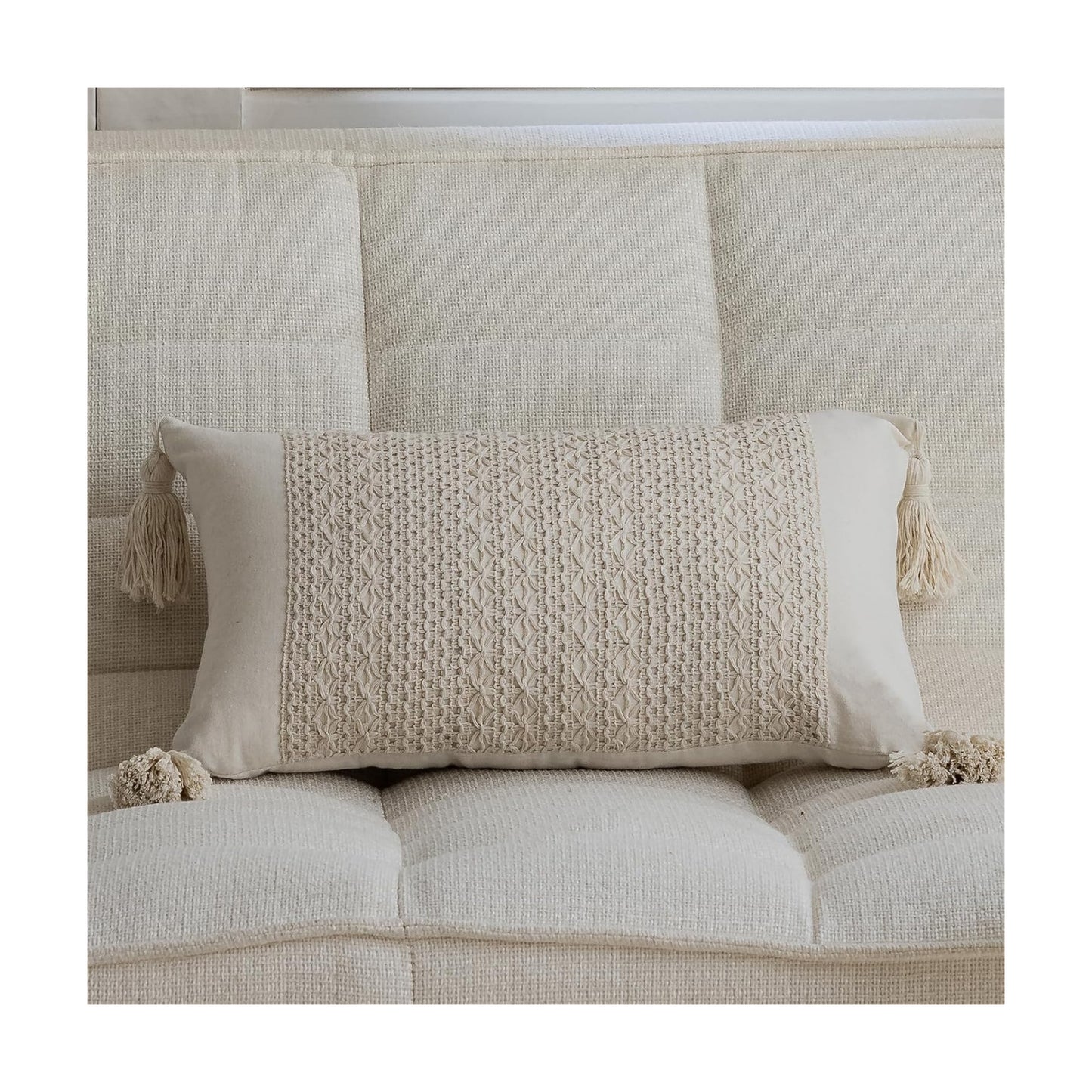 Tassels Soft Farmhouse Neutral Pillow Covers / 20 x 12 / Beige Weave