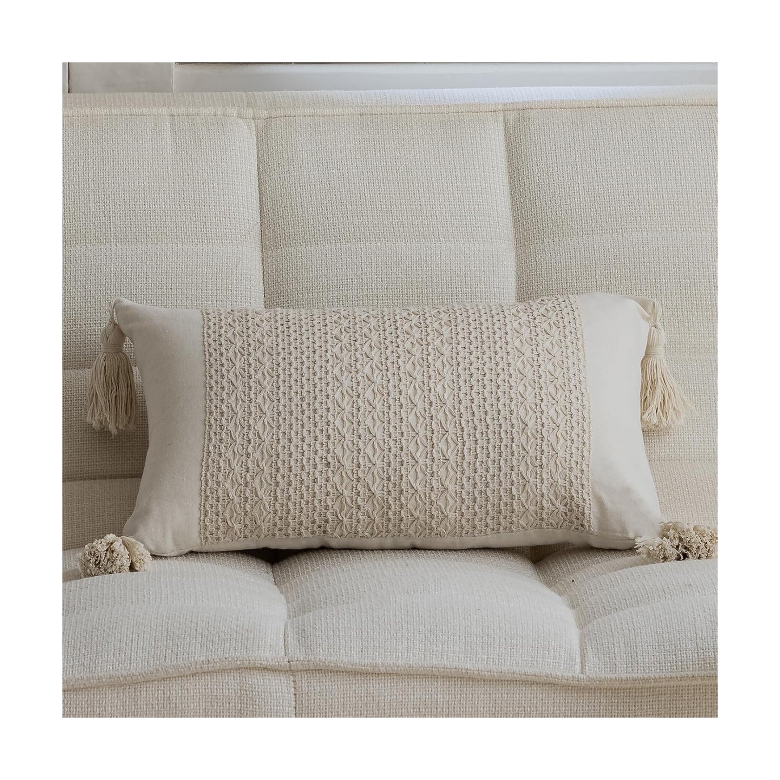 Tassels Soft Farmhouse Neutral Pillow Covers / 20 x 12 / Beige Weave
