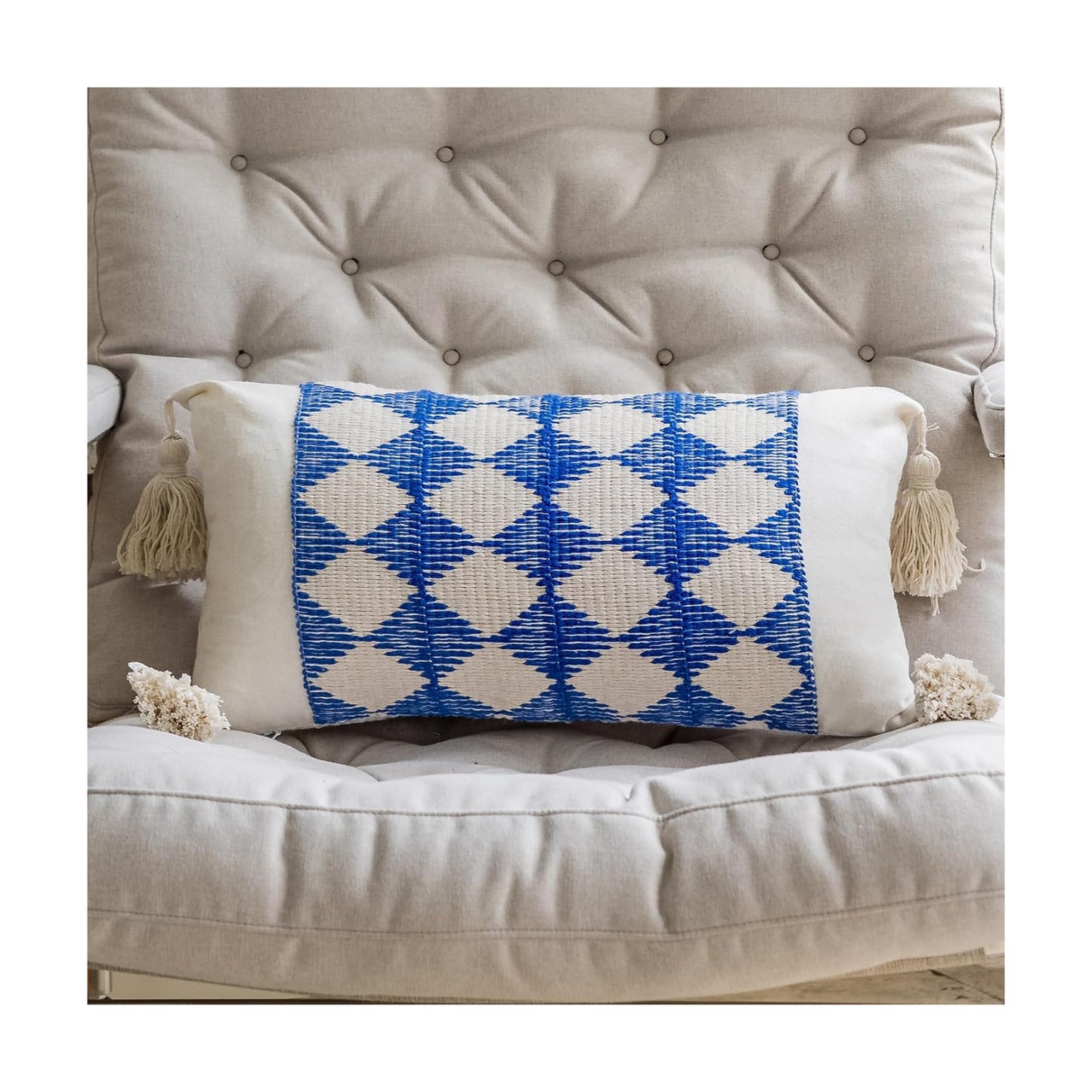 Tassels Farmhouse Pillow Covers / 20 x 12 / Blue Plaid