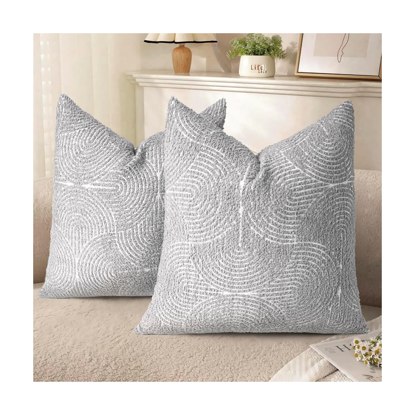 Boho Decorative Textured Throw Pillow Covers / Light Gray / 20 x 20 / Set of 2