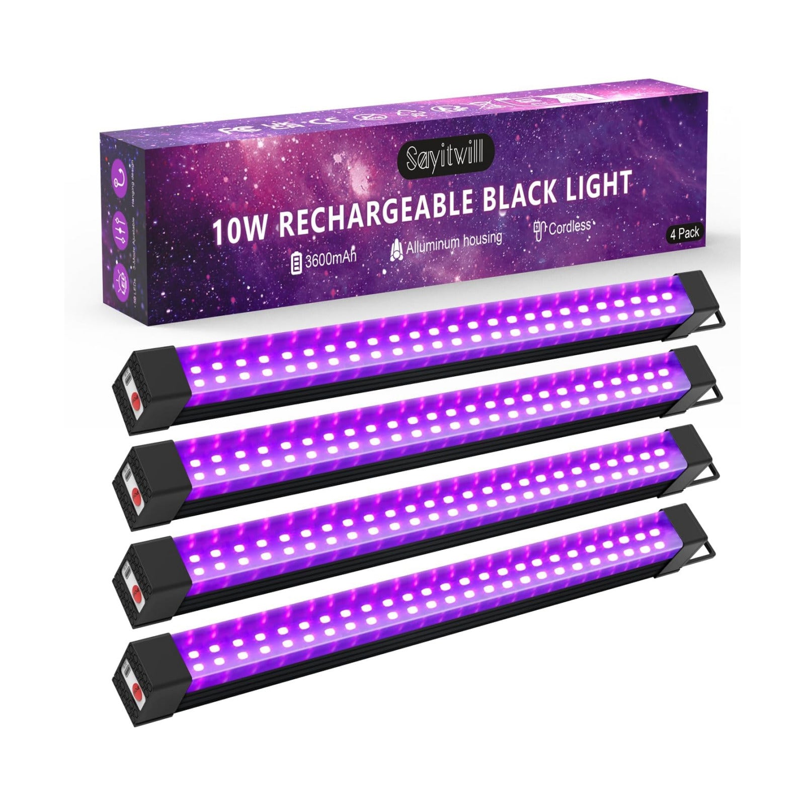 Rechargeable Black Light Bar 4 Packs, Battery Powered Black Lights for Glow Party, Cordless UV Strip Lights with