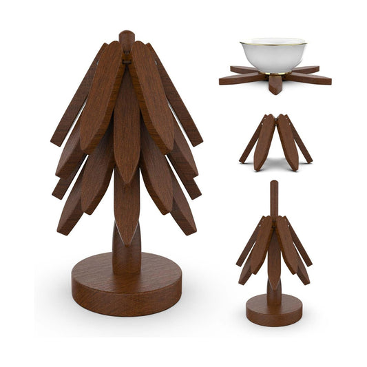 4 Wooden Trivets+1 Stand / Walnut Wood / Natural
