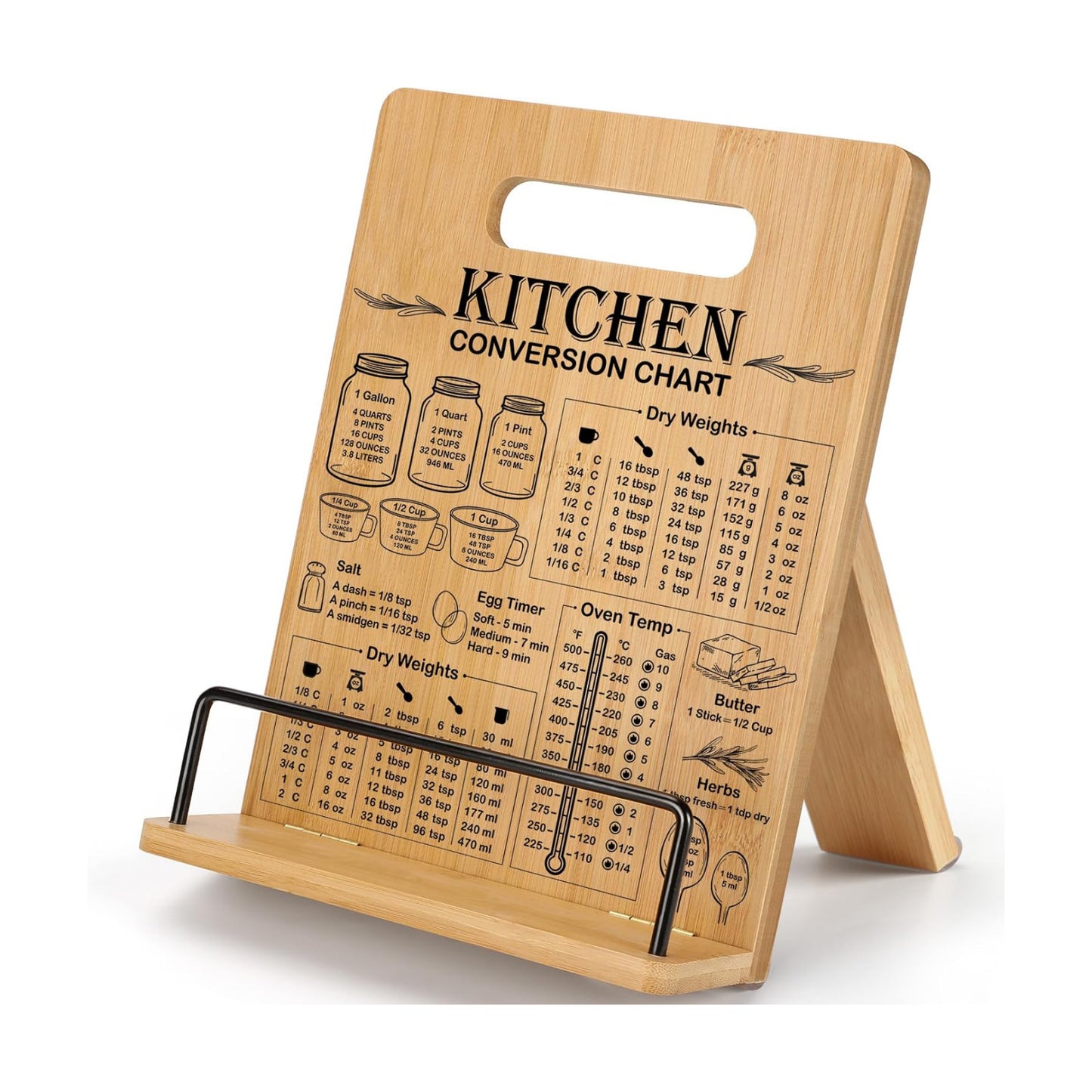 Bamboo Cookbook Stand for Kitchen Counter, Adjustable Recipe Book Holder | Cookbook Holder with Measurement Conversion