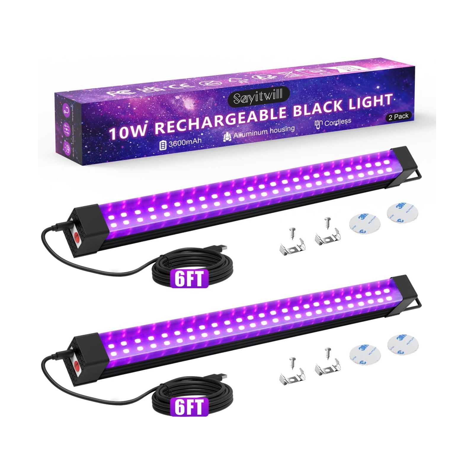 Rechargeable Black Light Bar 2 Packs, Battery Powered Black Lights for Glow Party, Cordless UV Strip Lights with
