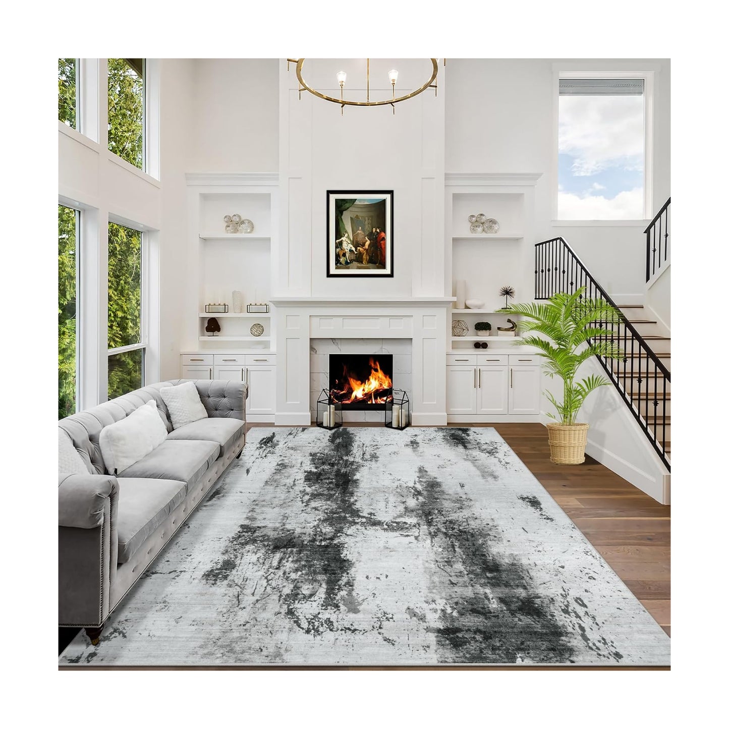 4x6 Area Rugs for Living Room: Washable Abstract Black White Grey Carpet