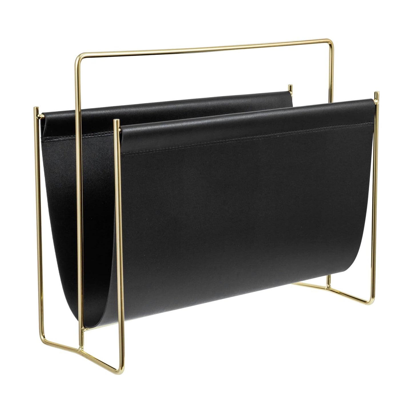 MyGift 15-Inch Modern Black Leatherette & Brass Plated Metal Magazine Holder – Floor Standing Faux Leather Sling Style