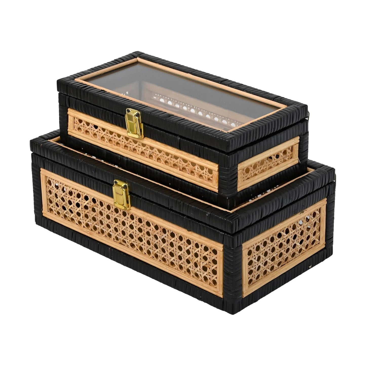 Black Rattan Decorative Storage Boxes / 14.1 x 8.2 x 5.1 / Rattan&black / Set of 2