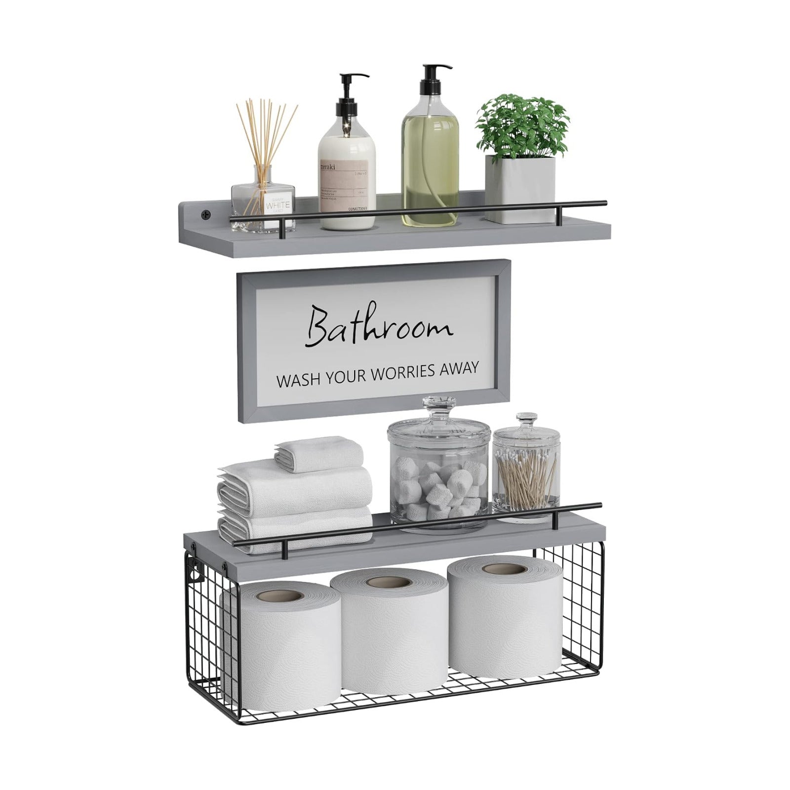 Floating Shelves for Bathroom Decor Art, Modern Grey | Bathroom Organizers and Storage, Wall Shelves Over Toilet with