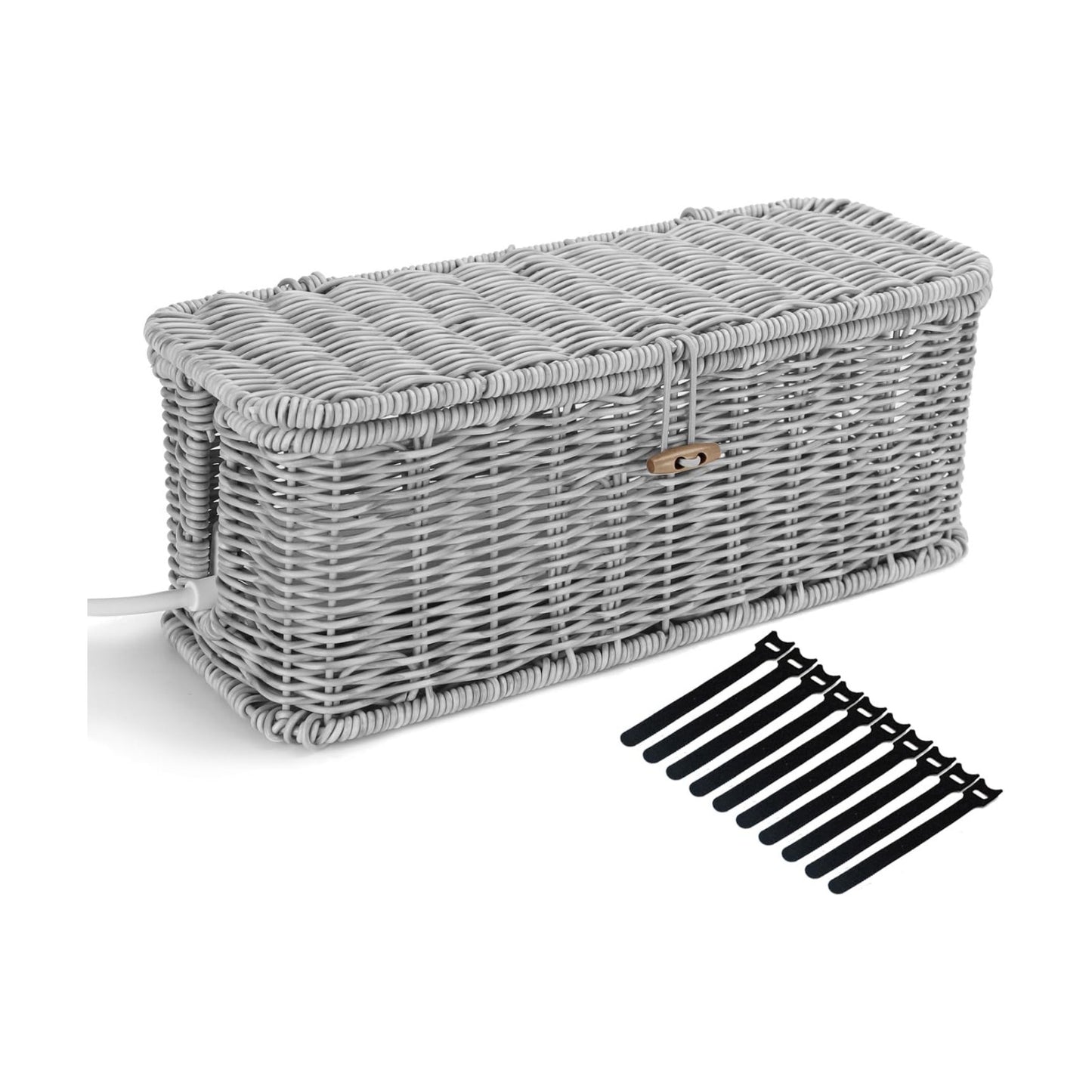 Desk Handwoven Rattan Cord Hider Cable Organizer Box / Grey