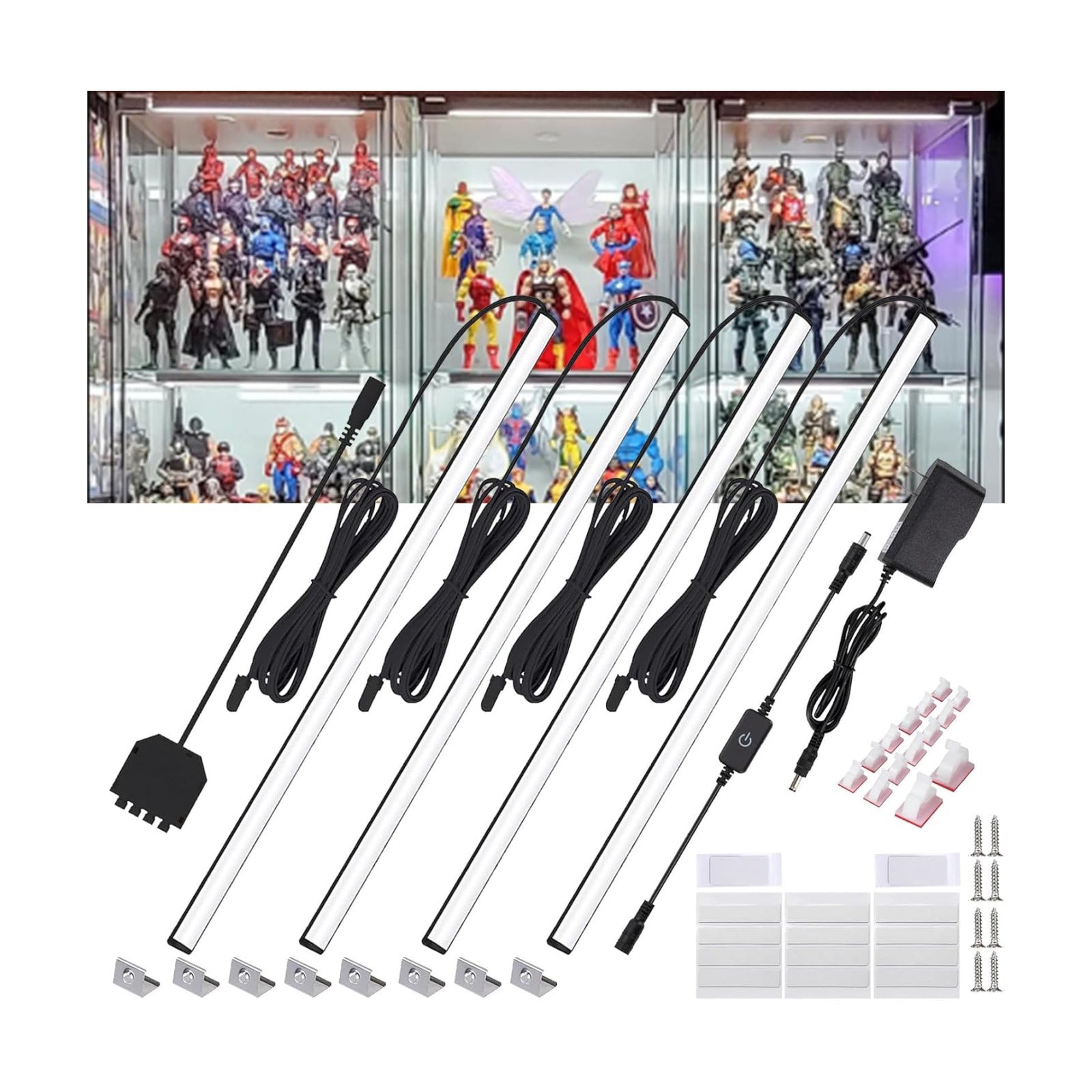 Martronic 4-Pack 12 Inch LED Display Case Lighting Kit, Black Dimmable Bookshelf Light Bars with 12V Power Adapter