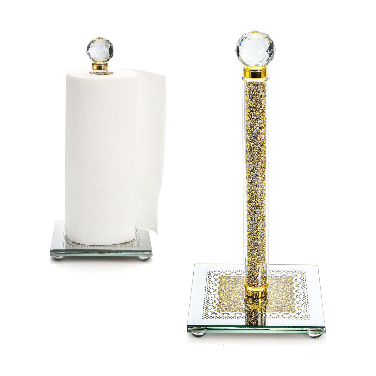 Paper Towel Holder, Gold Paper Towel Roll Dispenser Stand Weighted Base Non Slip Filled with Sparkly Crystal Crushed