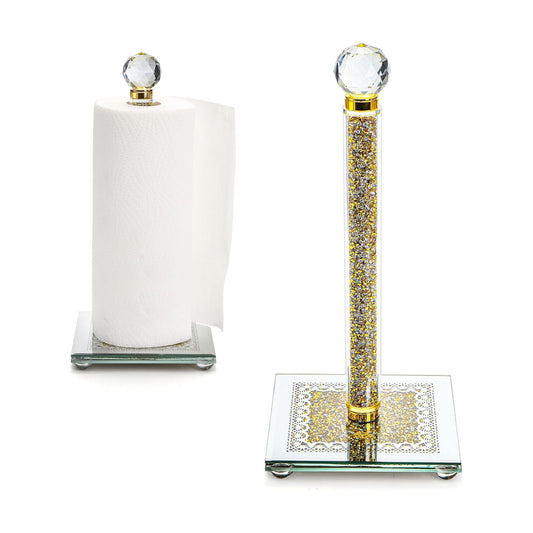 Paper Towel Holder, Gold Paper Towel Roll Dispenser Stand Weighted Base Non Slip Filled with Sparkly Crystal Crushed