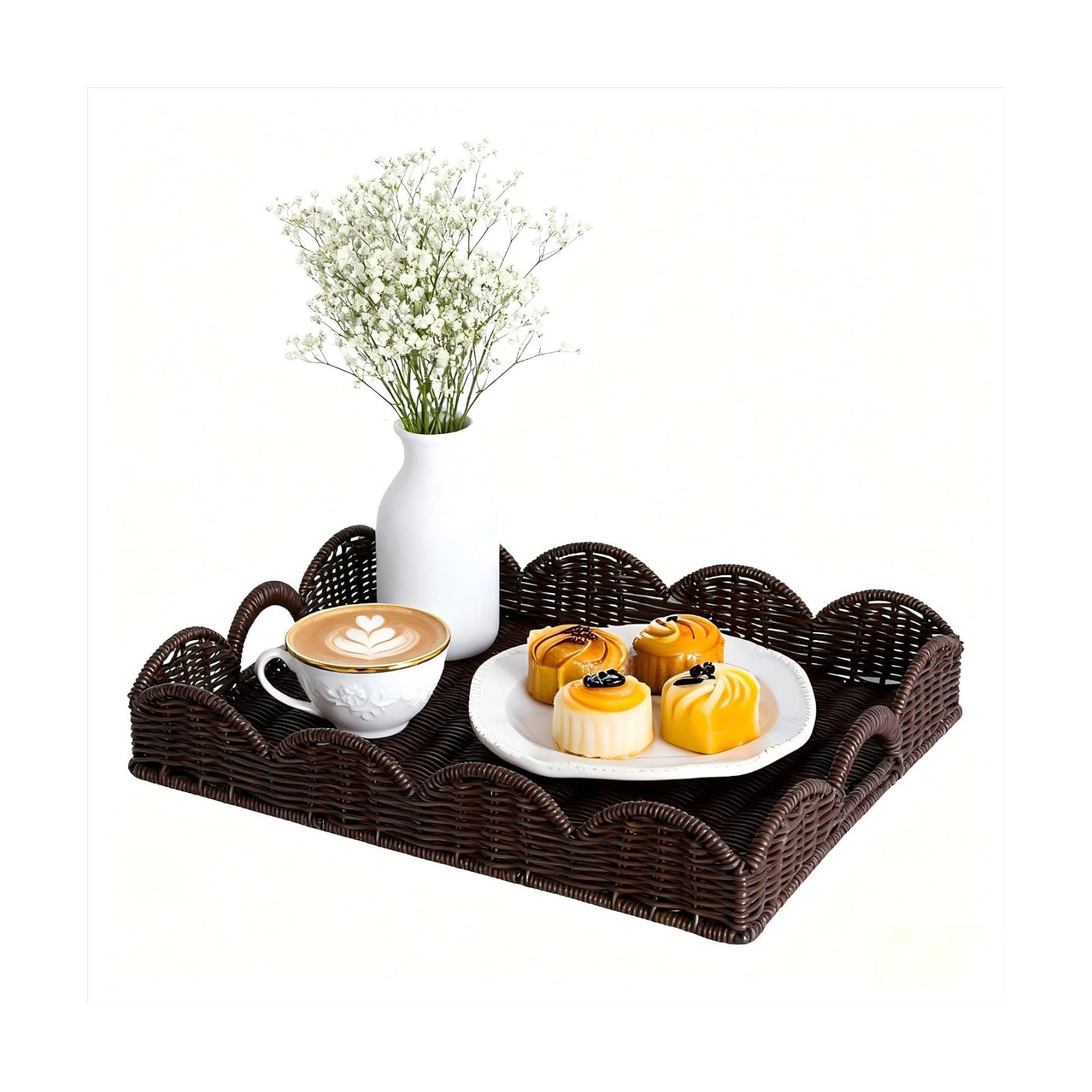 Scalloped Imitation Rattan Tray Basket / Brown&plastic-dark
