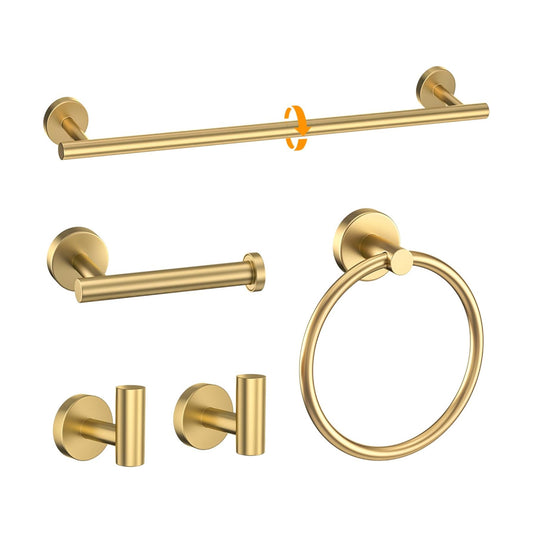Brushed Gold Towel Bar Set 5 Pieces Round Bathroom Hardware Set Includes 23.6in Towel Bar Towel Ring Toilet Paper