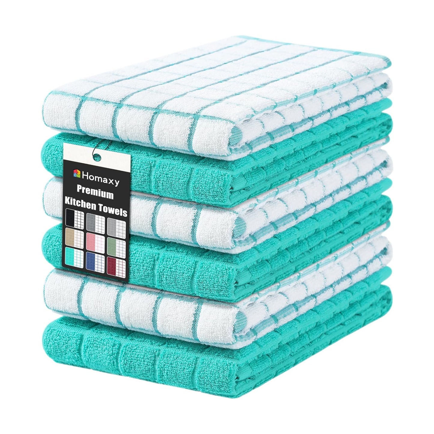Homaxy Large Premium Cotton Kitchen Towels 16"x 28", 6 Pack, Aqua | Natural Ring Spun 390 GSM Dish Towels, Super