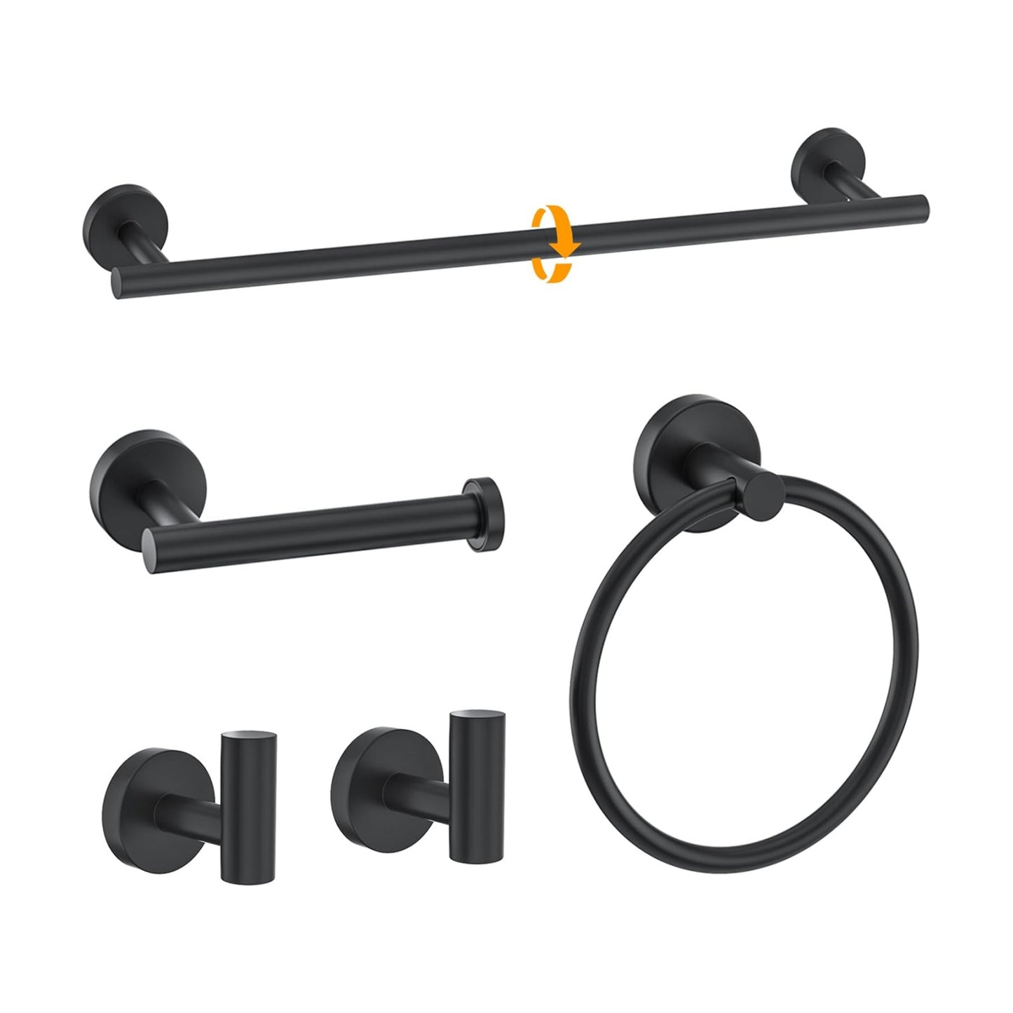 Matte Black Towel Bar Set 5-Piece Bathroom Hardware Accessories Set Includes 23.6in Towel Bar-Round Towel Ring-Toilet