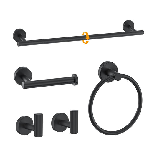 Matte Black Towel Bar Set 5-Piece Bathroom Hardware Accessories Set Includes 23.6in Towel Bar-Round Towel Ring-Toilet