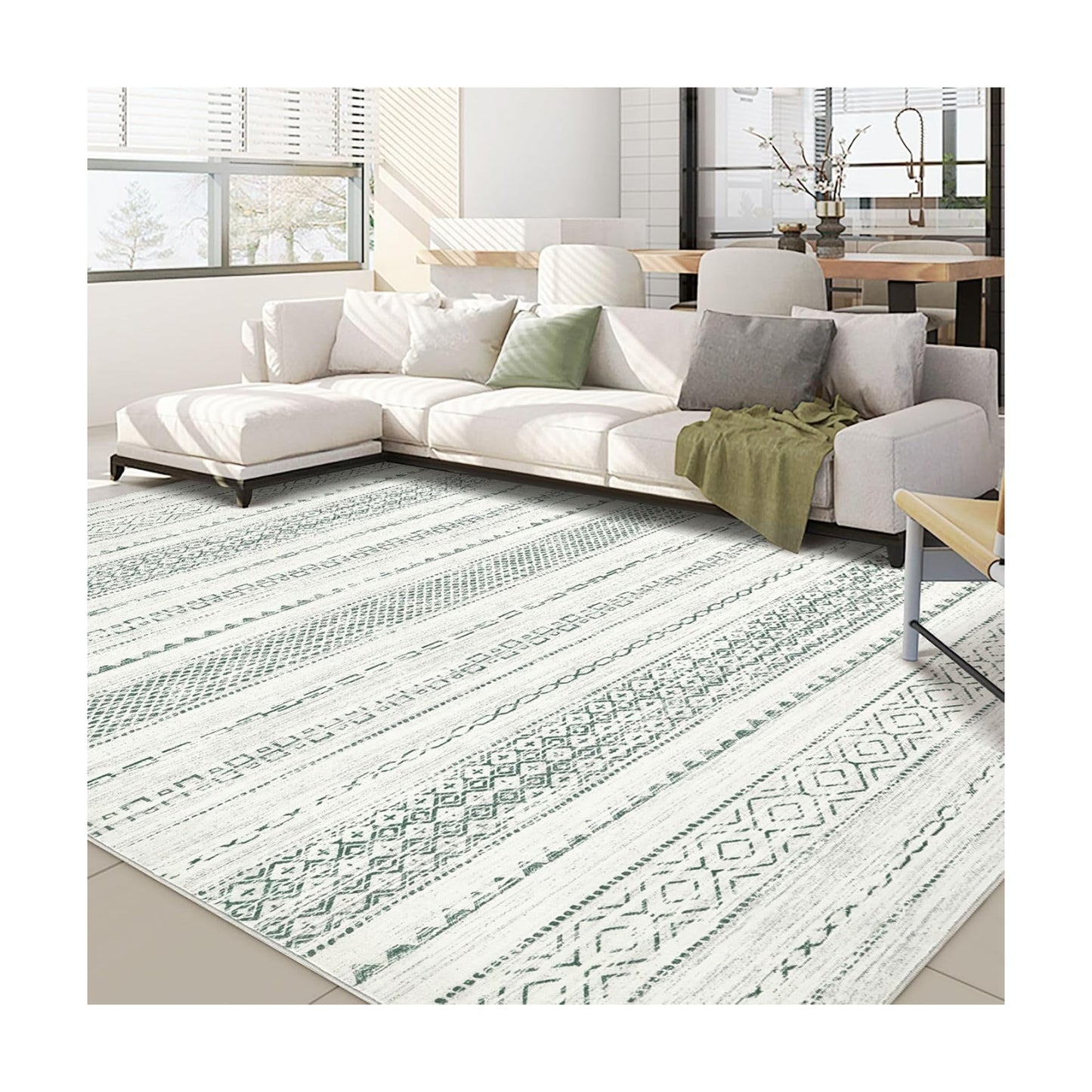 Nakagishi Green Rug Living Room Rugs: 8x10 Washable Boho Large Neutral Soft Farmhouse Stain Resistant Modern Non Slip