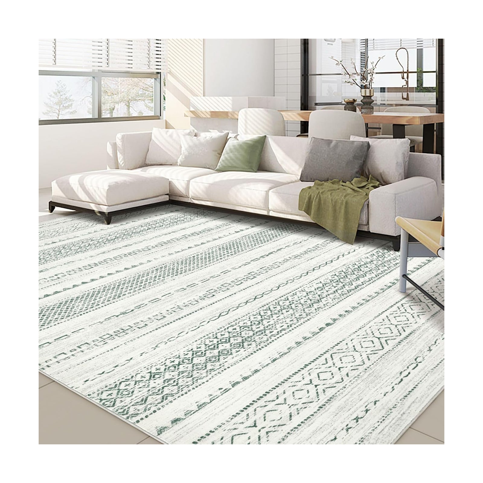 Nakagishi Green Rug Living Room Rugs: 8x10 Washable Boho Large Neutral Soft Farmhouse Stain Resistant Modern Non Slip